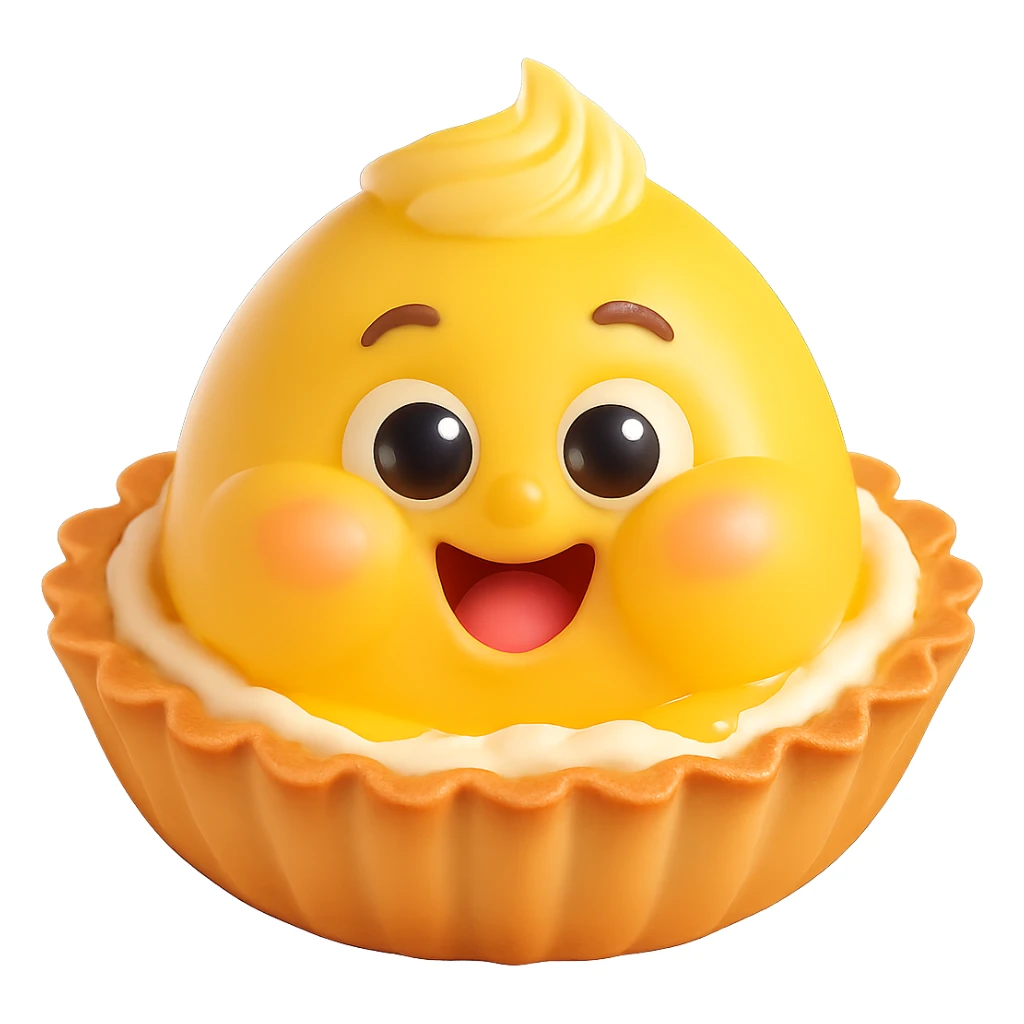 Make the cheeks even chubbier while keeping the cute 3D kawaii egg tart character style with a golden crispy tart shell, jiggly custard face, big watery eyes, expressive cartoon mouth, pastel color palette, comical exaggerated emotion, soft lighting, and glossy textures. Maintain transparent background and no text. sticker