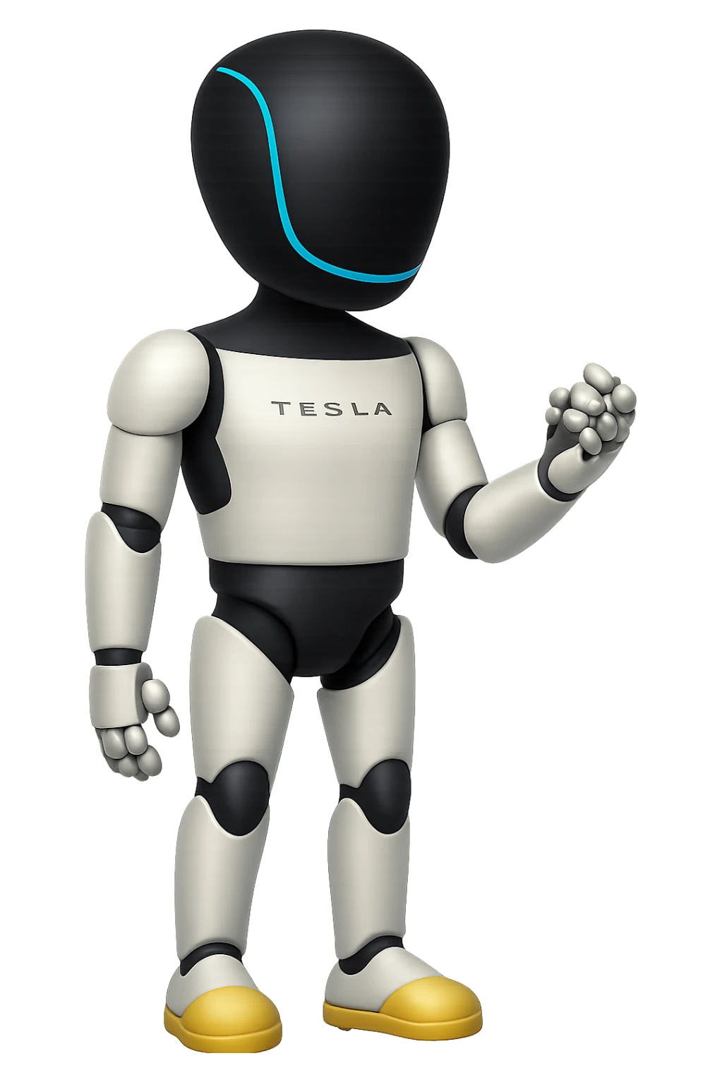 Create a fullbody Tesla robot emoji with the exact head from the reference image in the style of Apple emojis. The robot should be in a neutral pose. The style should replicate the apple emoji style with smooth, colorful, and detailed features. sticker