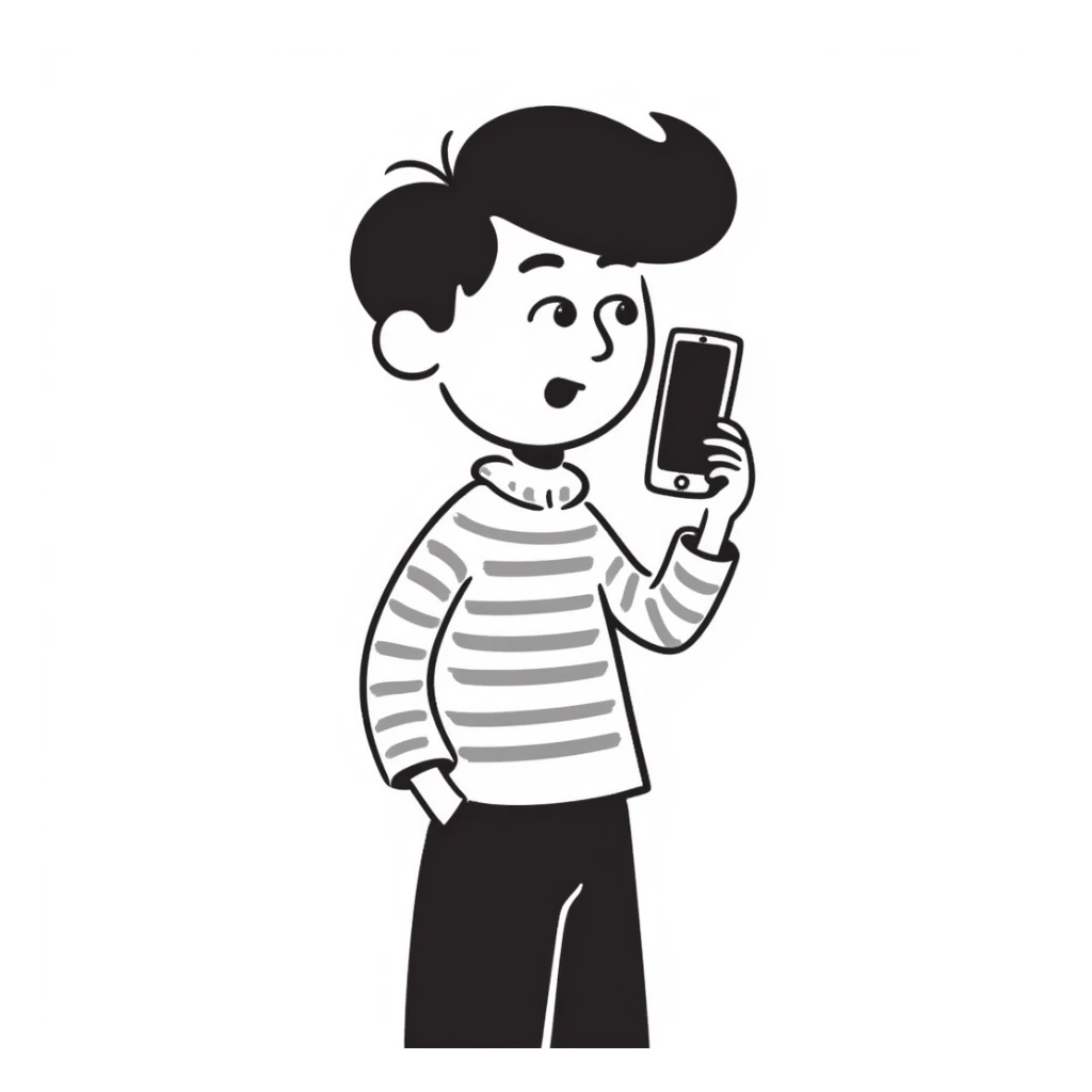 a boy taking a selfie awkwardly, hand drawn doodle style sticker