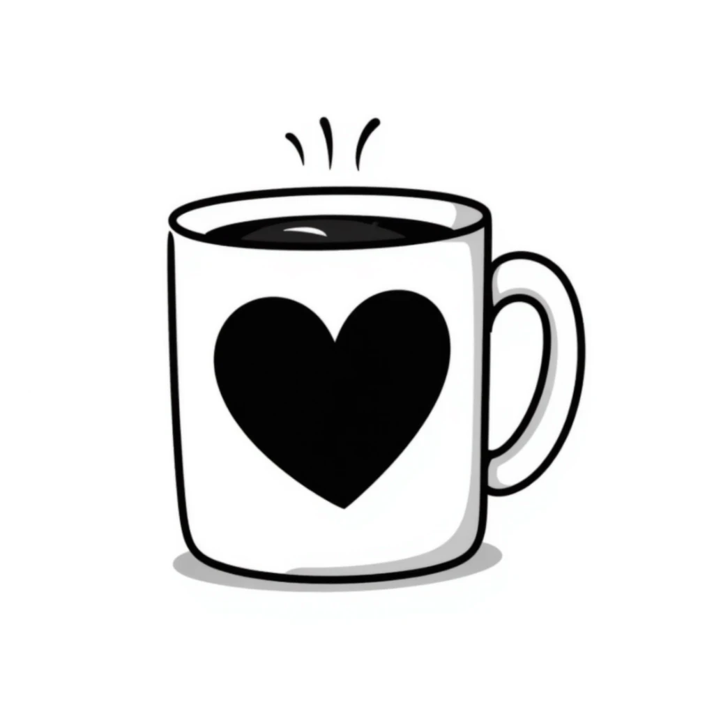 Hand drawn coffee mug with heart design sticker