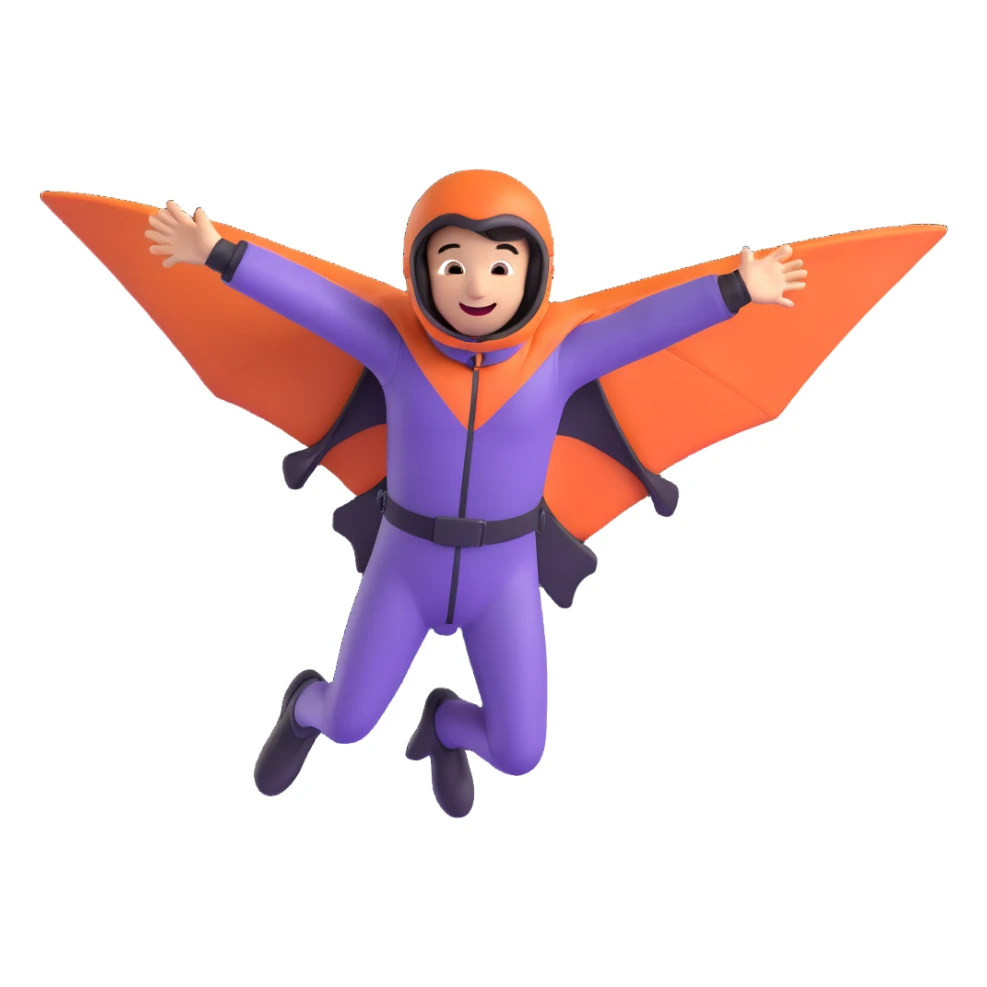wingsuit flyer, mid-air, streamlined, excited face sticker