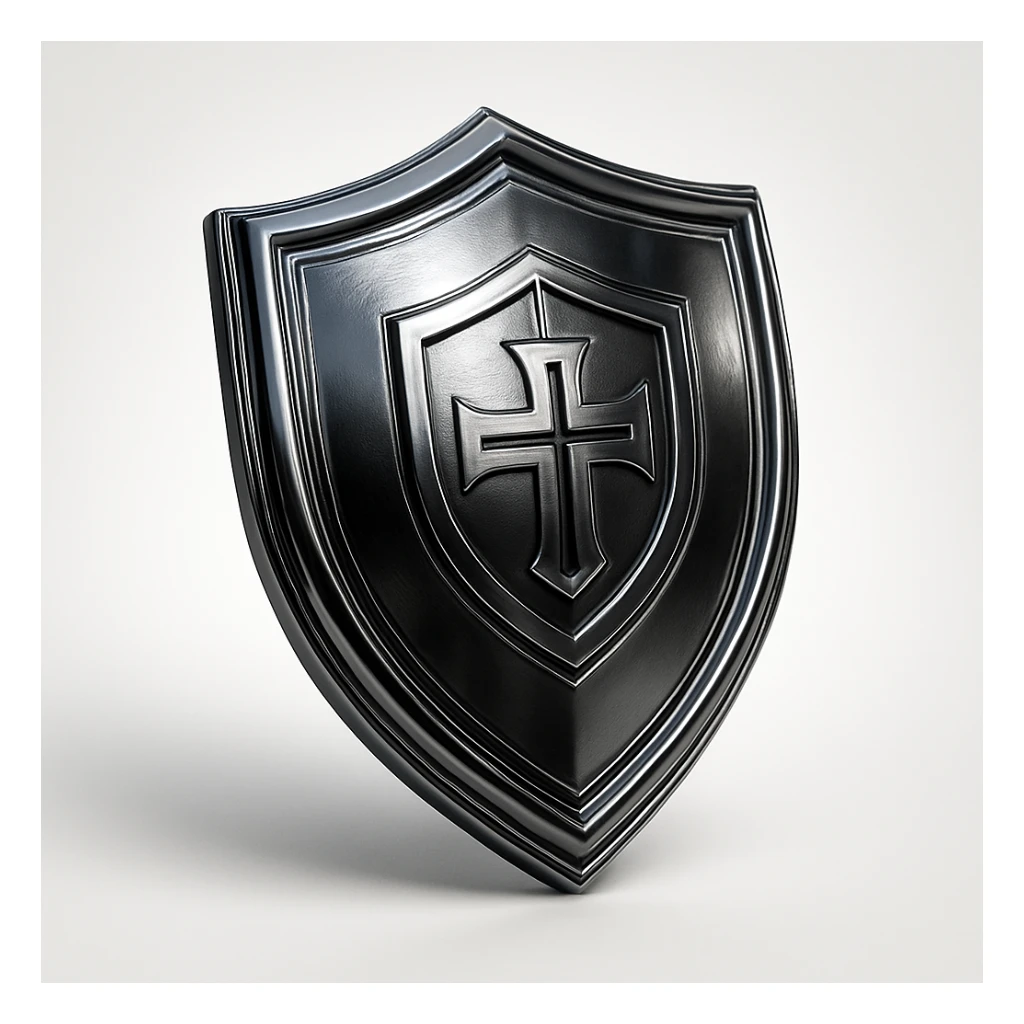 chrome style shield with a bold emblem, dark chrome, shiny, modern sticker