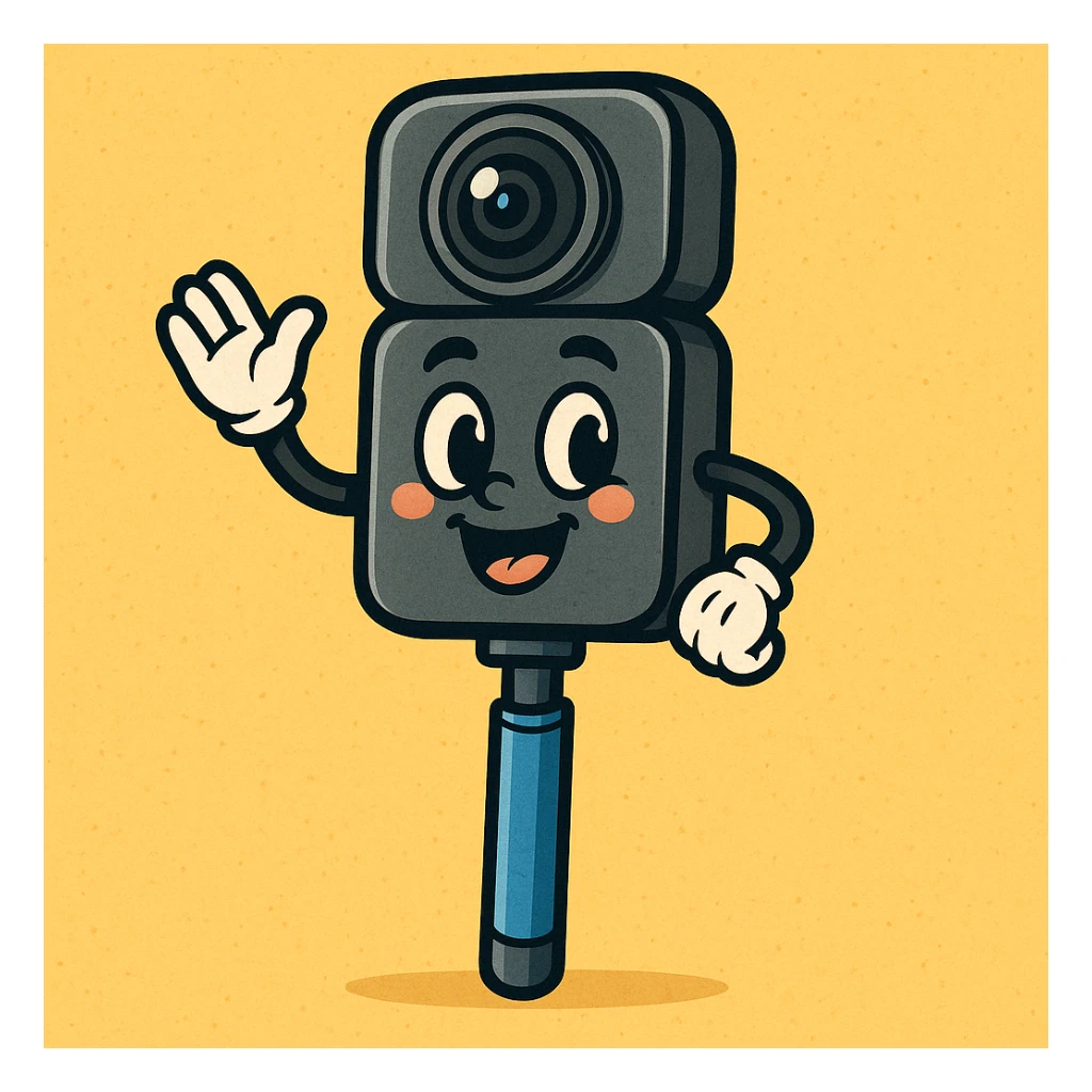Remove any text or name from the design, keep the friendly face cartoon Insta360 camera on a stick character as the main subject, preserving its friendly and cartoonish style. sticker