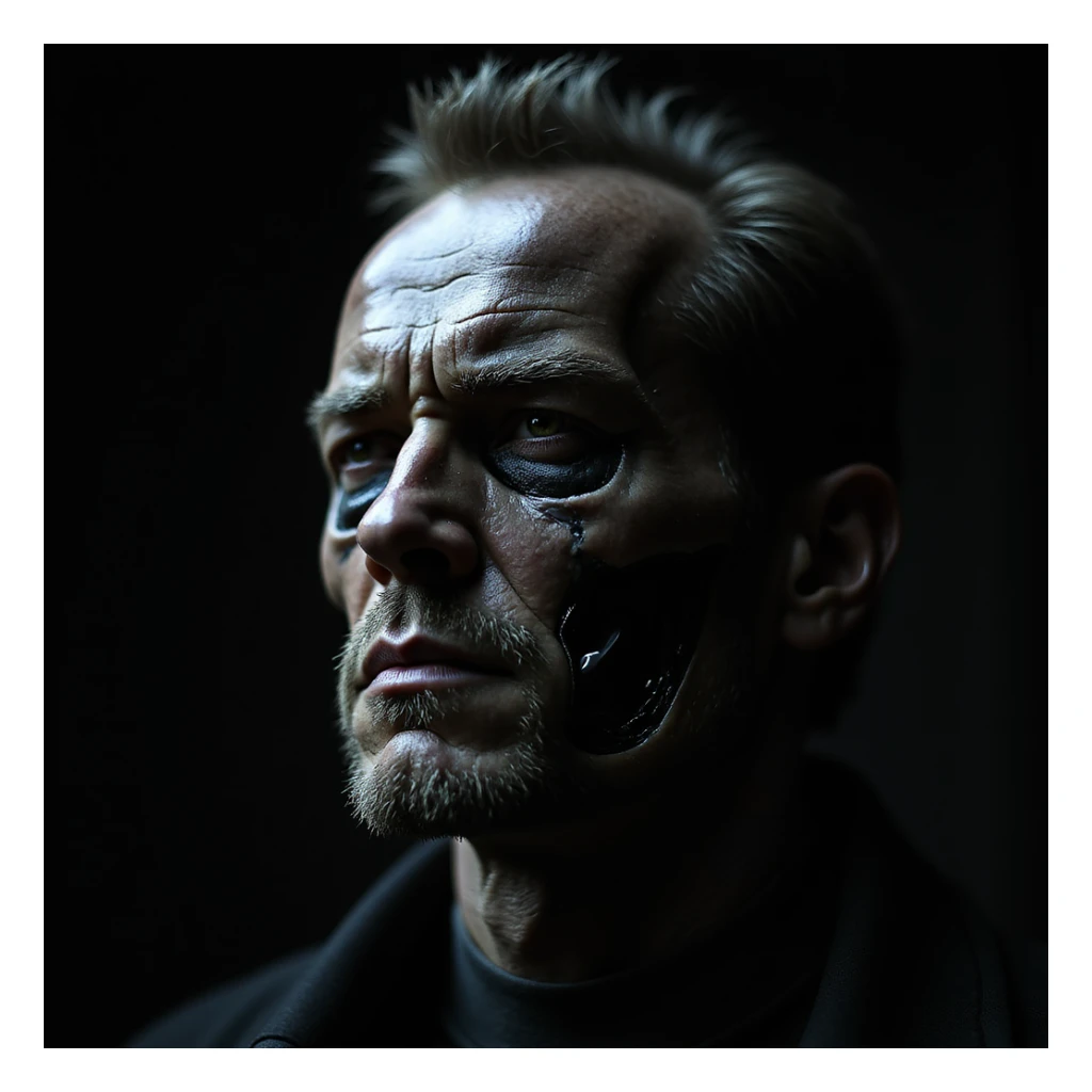 Terminator with half human half robot face, realistic style, dark atmosphere sticker