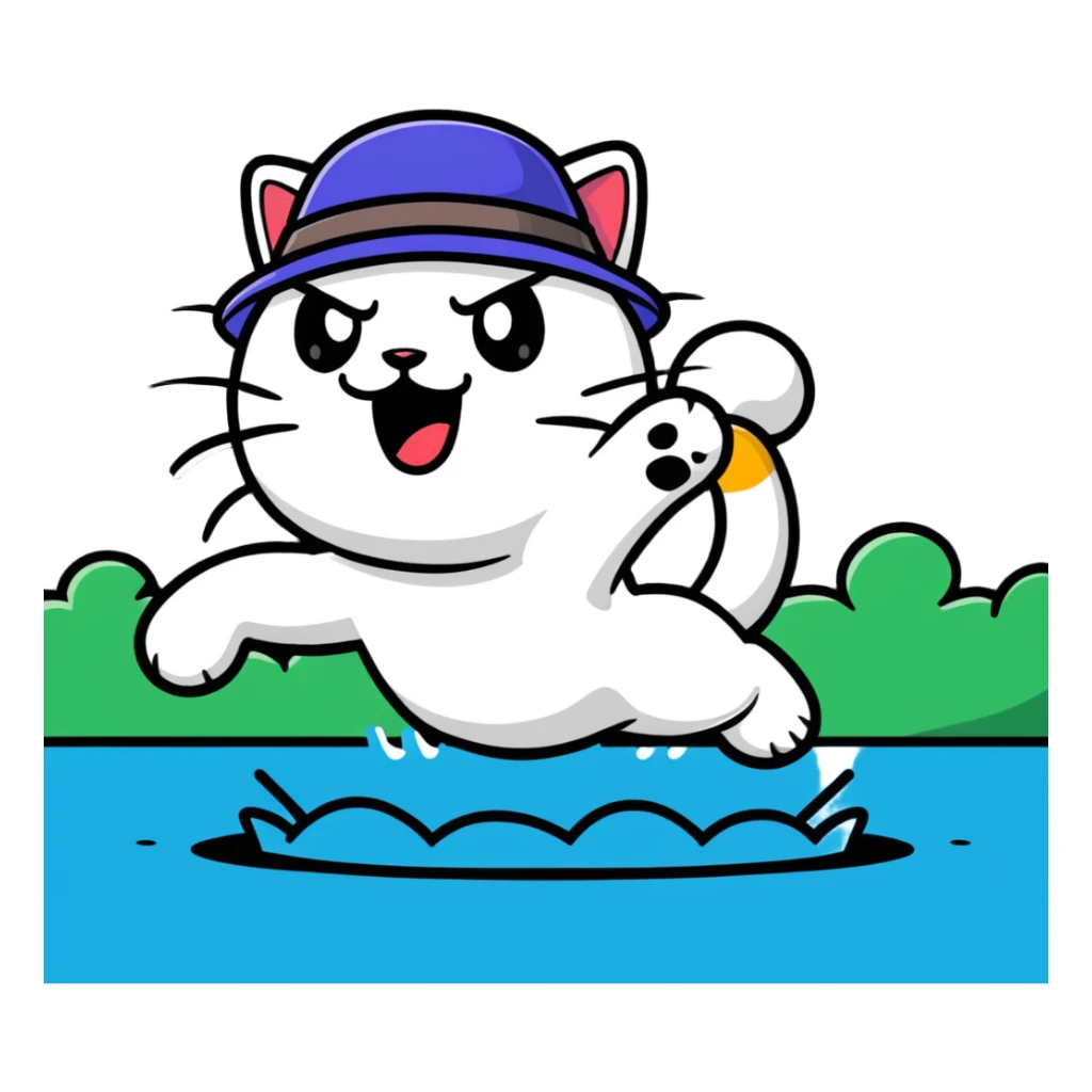 angry cat with a hat jumping into a lake sticker