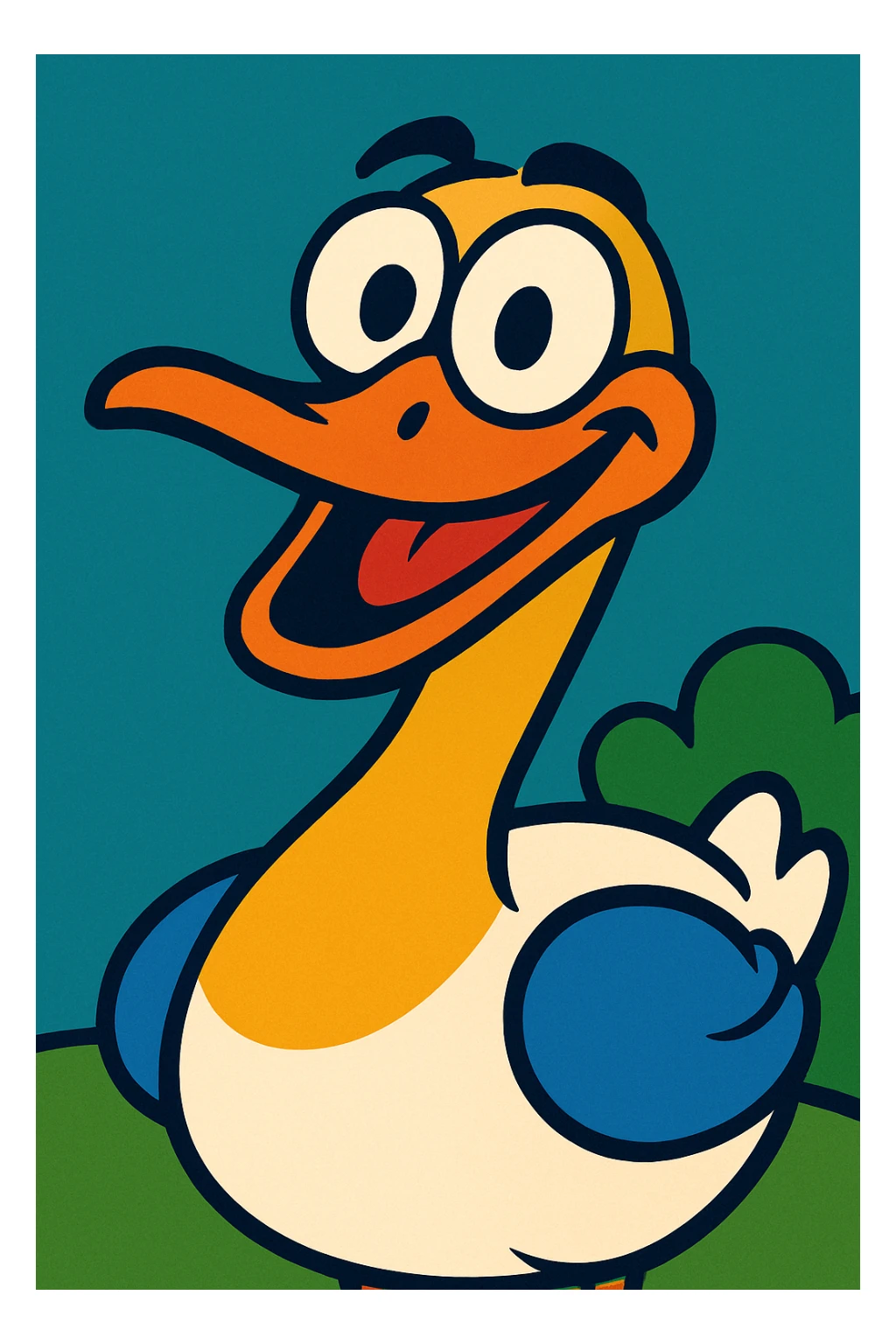 a silly goose, exaggerated features, vibrant colors, cartoon style sticker