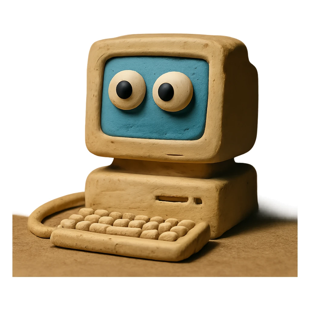 AI computer with expressive eyes in claymation style sticker
