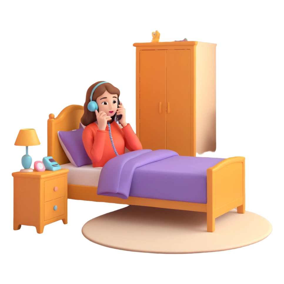 girl talking on phone bedroom background, close up pose sticker