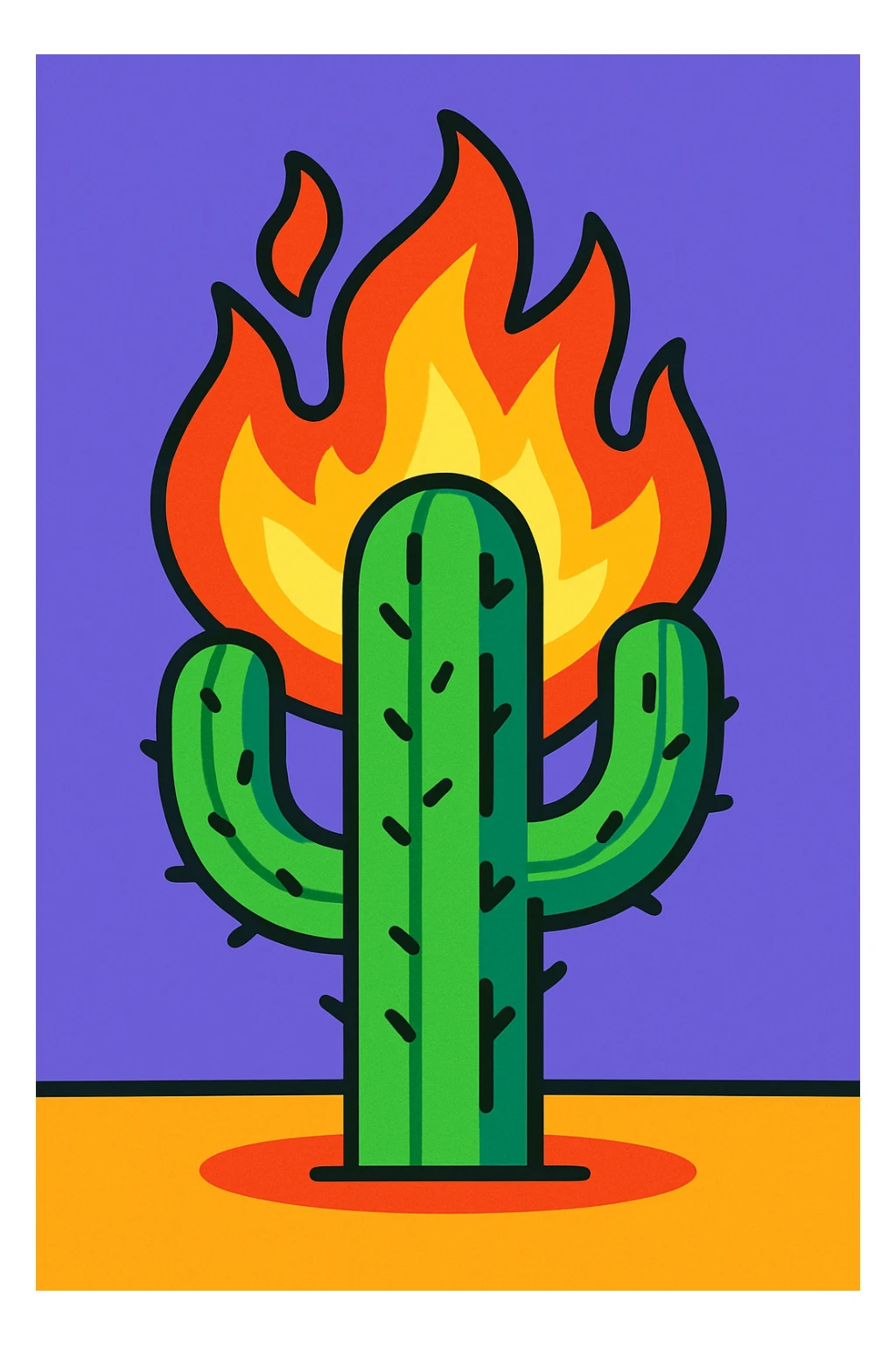 cactus on fire, vibrant cartoon style sticker