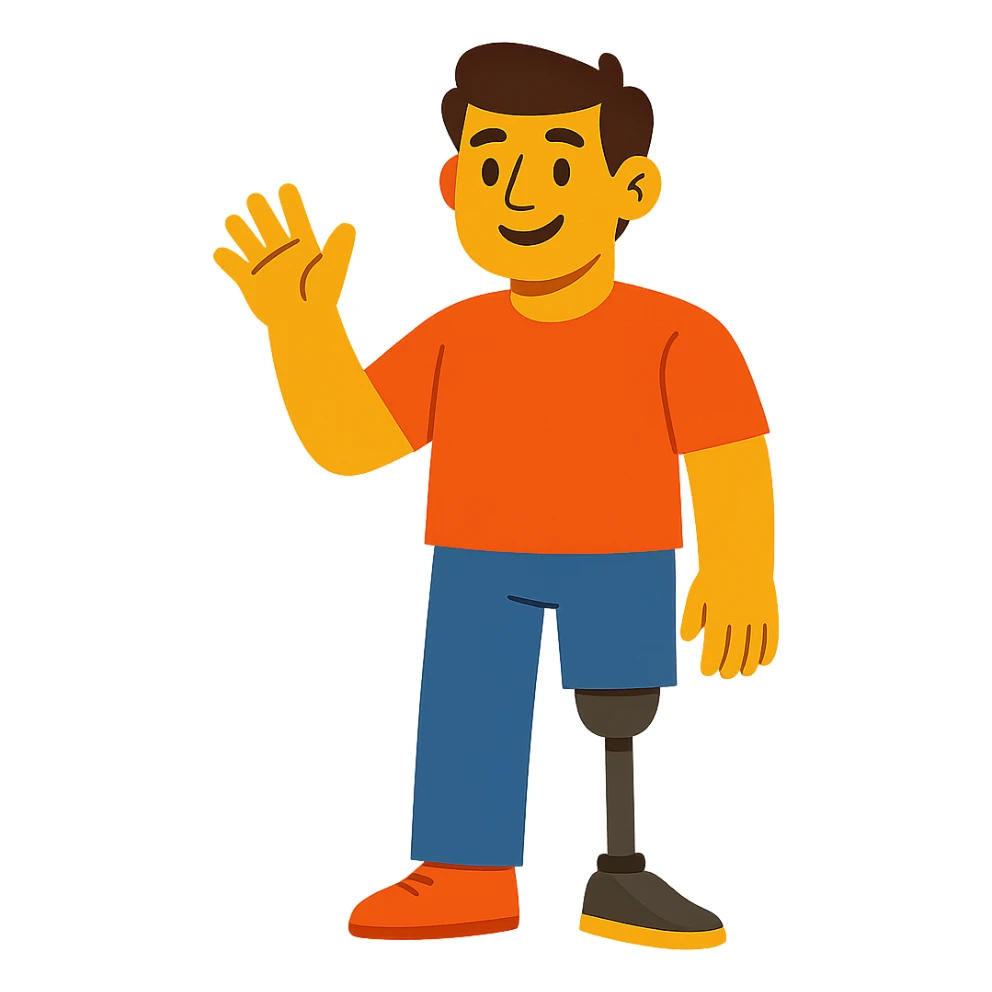 friendly man with a prosthetic leg, modern cartoon style sticker