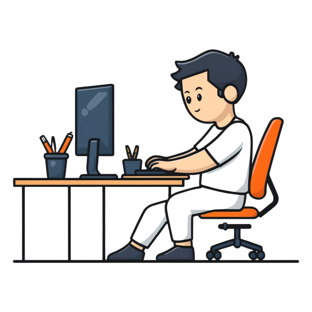 Person sitting at desk with proper ergonomic posture sticker