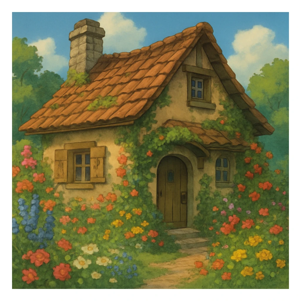 ghibli style cozy cottage with flowers sticker