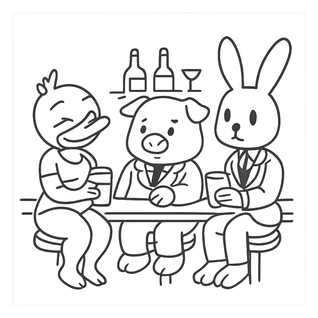 Replace the original characters with three new characters: a duck, a pig, and a rabbit in a cute bar scene. The style should be simple line art with no fill, ideal for children to color. The scene should be adorable and suitable for coloring. sticker