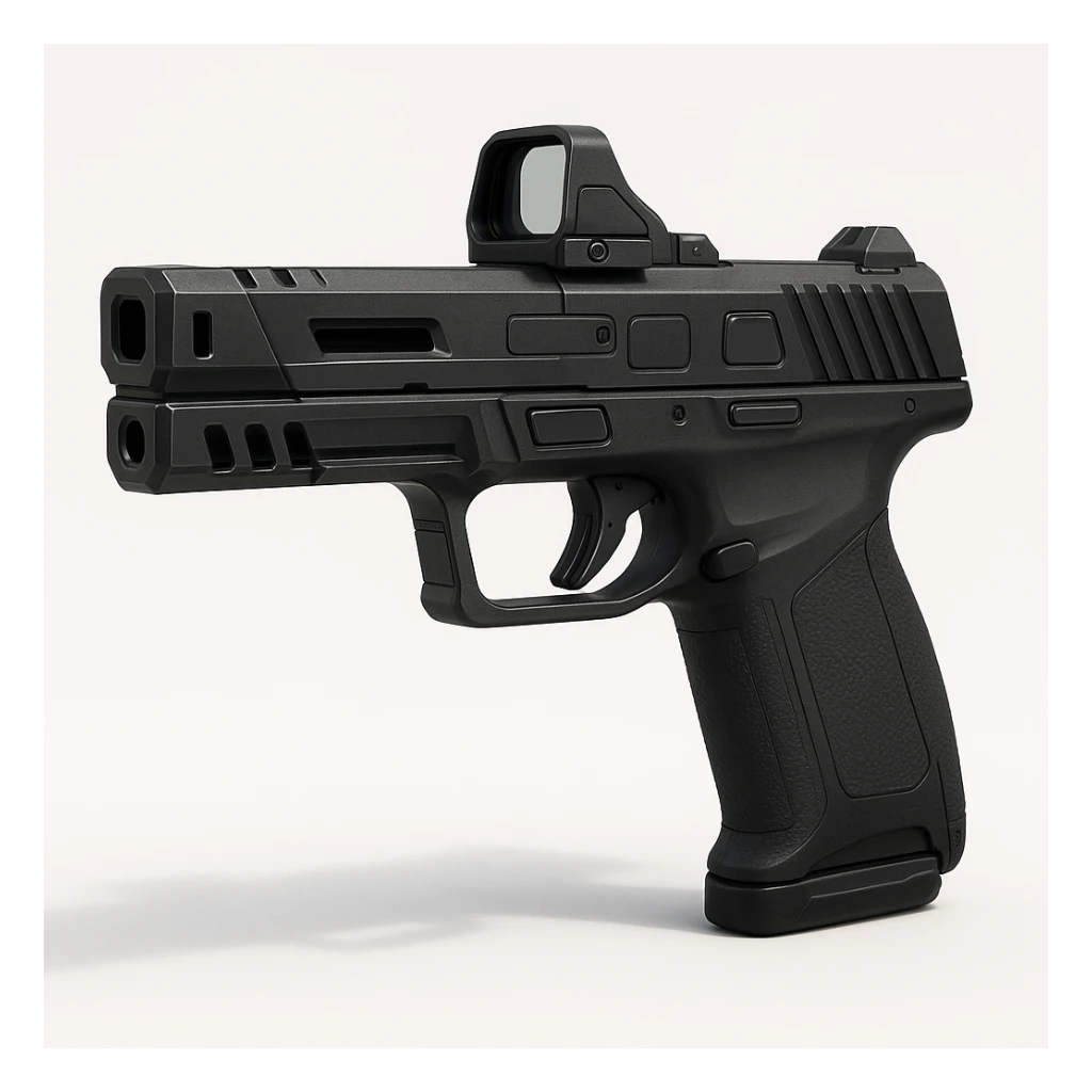hyper-realistic 3D render of a futuristic compact pistol, matte-black, angular slide cuts, integrated reflex sight, polymer ergonomic grip, extended barrel with compensator, side vent ports, minimal controls, magnetic slide lock, smart sensor panels, side view, clean white or grey background, soft shadow, modern tactical sci-fi style sticker