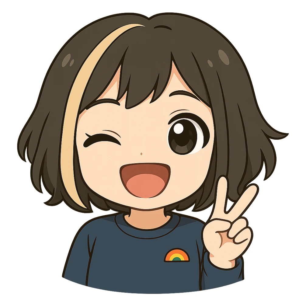 Edit this exact chibi girl in the same anime chibi style, keeping the same face, hair, and outfit. Remove the tears, add one eye winking, a big open-mouthed grin, and a peace sign with her hand. Make it suitable for Twitch emoji use with a transparent background. sticker
