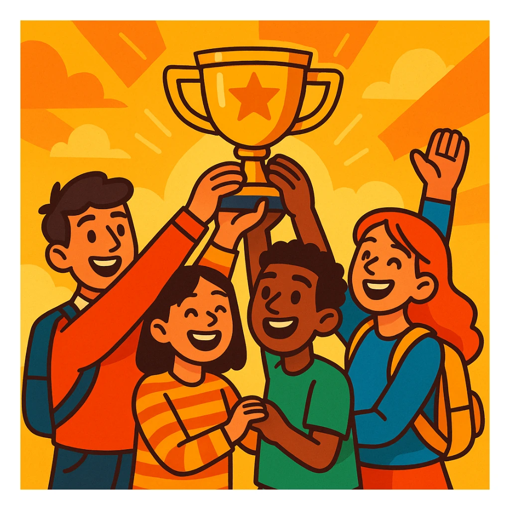 four students lifting a trophy, warm atmosphere, expressive illustration style, bright colors, joyful expressions sticker