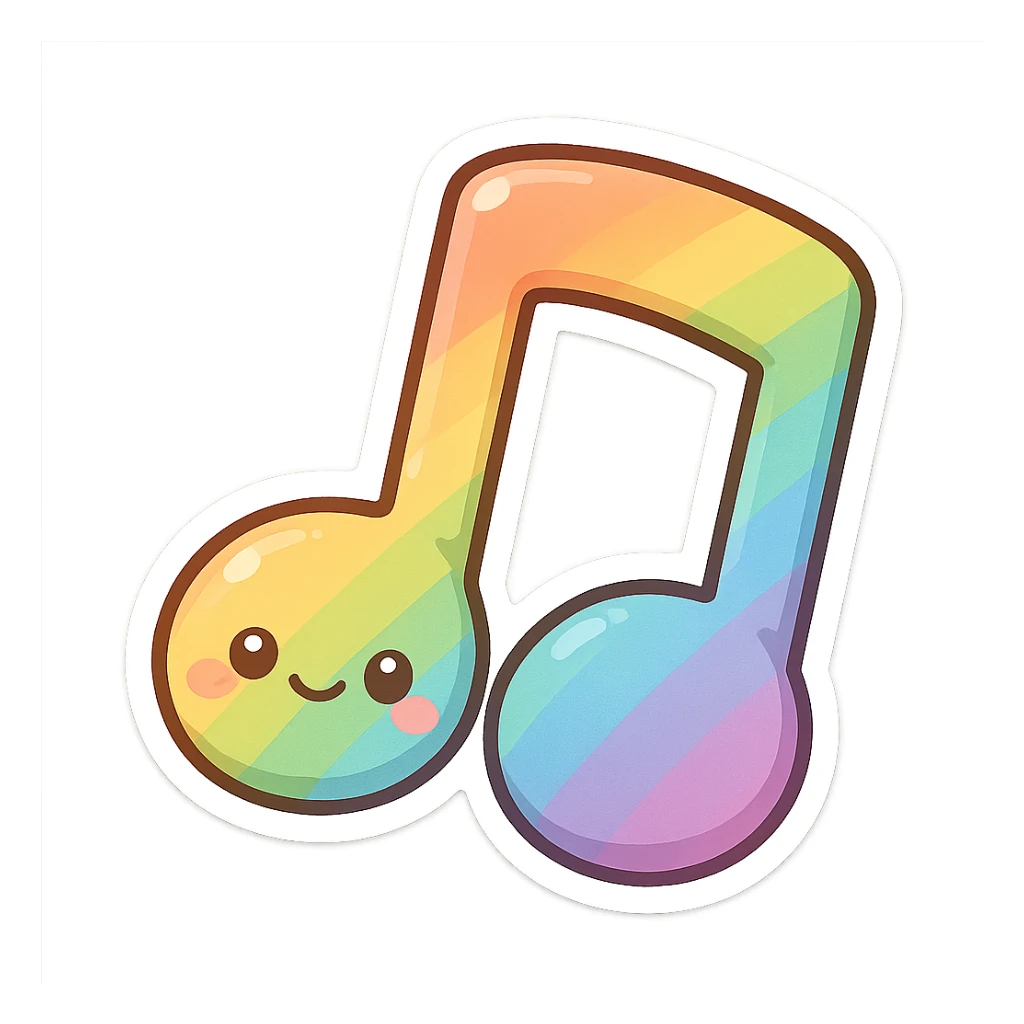 chibi sticker-style rainbow musical note, cute and exaggerated sticker