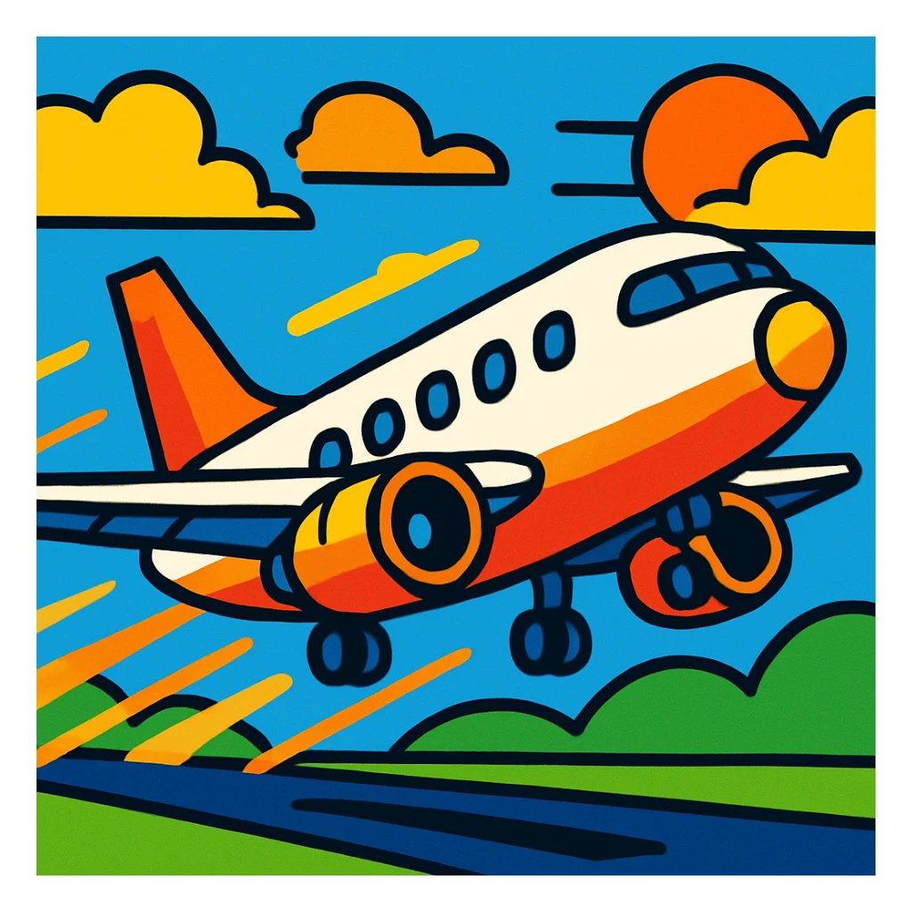 an airplane taking off, vibrant cartoon style sticker