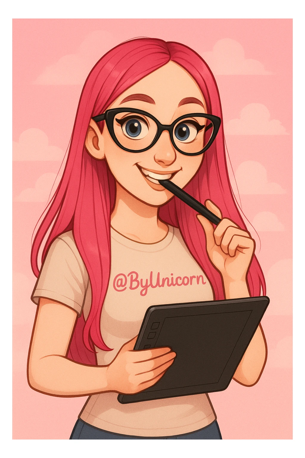 девушка с референса в рисованном милом стиле, у девушки розовые длинные прямые волосы, большие выразительные голубые глаза, черные очки для зрения формы кошачий глаз, нос чуть с горбинкой, девушка улыбается а в зубах прикусывает перо от графического планшета, которое она держит в руке, а в другой руке держит сам планшет 
одета девушка в светло-бежевую облегающую футболку с вышивкой розовым цветом @ByUnicorn, фон градиентный розовый, можно добавить пушистые облака sticker
