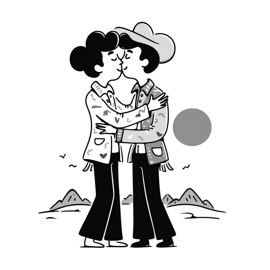 two cowboys, both men, kissing sticker