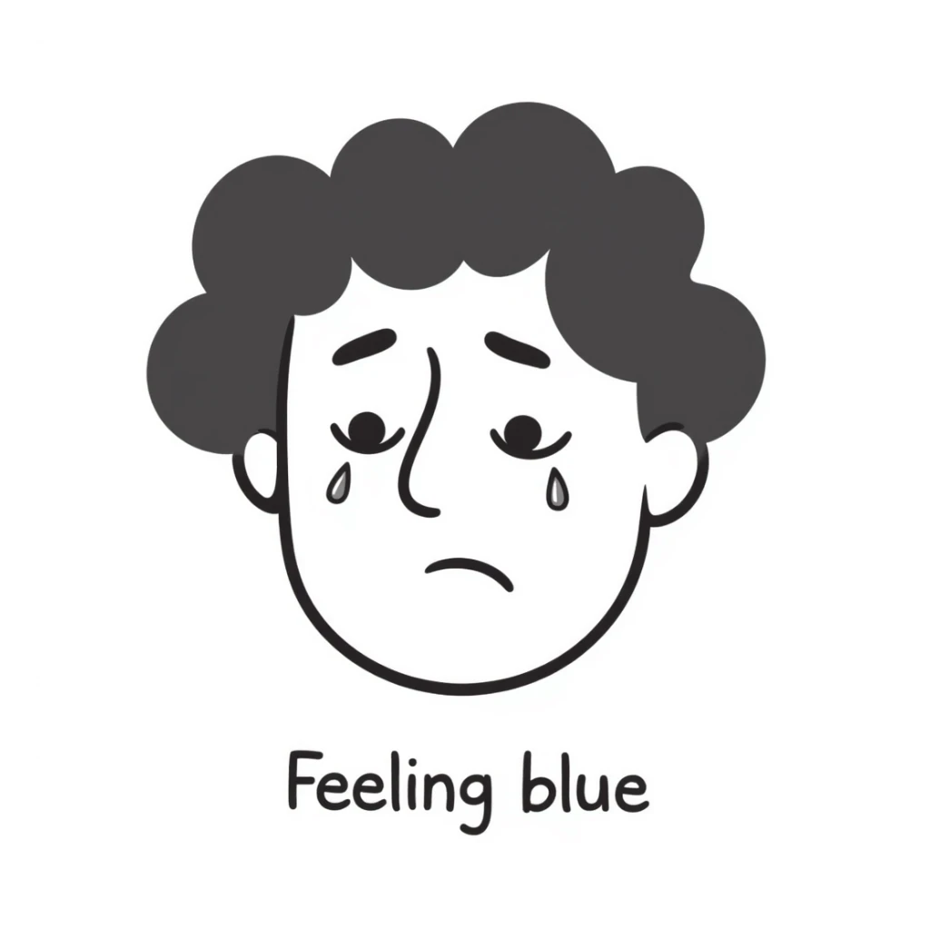 Sad face with tears saying "Feeling blue" sticker