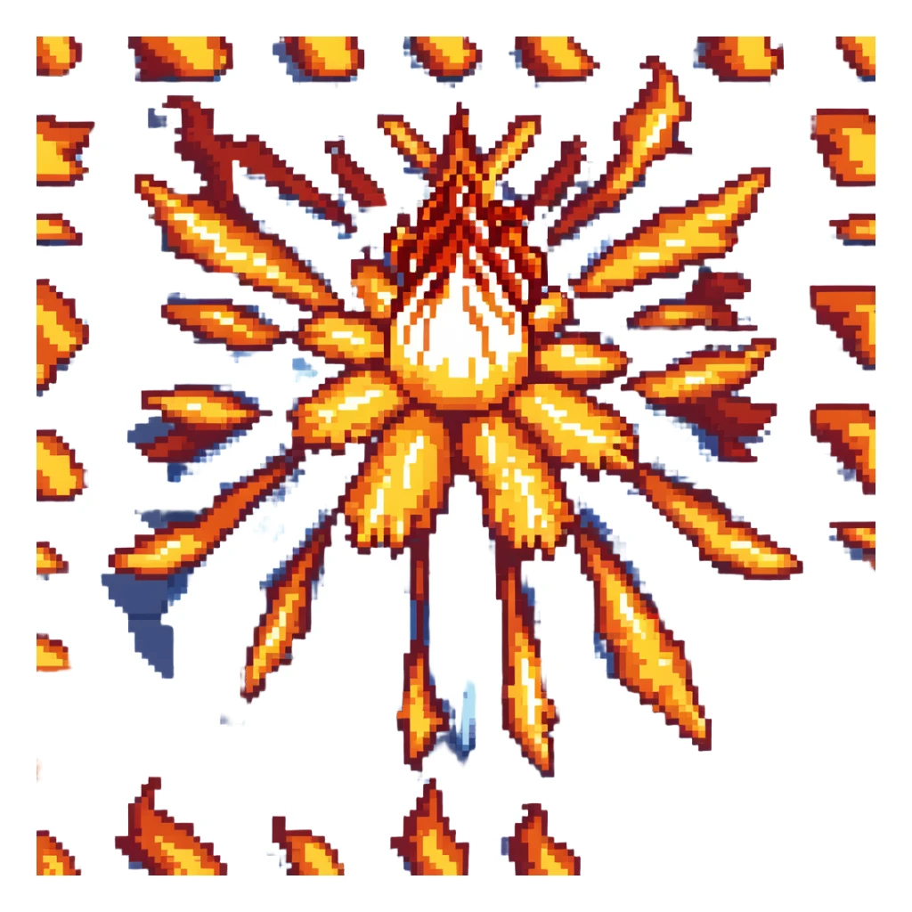 Bomberman downward-facing end-cap explosion tile, flames ending and tapering downward with pronounced flame wisps, orange/yellow with more red at the tips, extending about 70% into down direction sticker