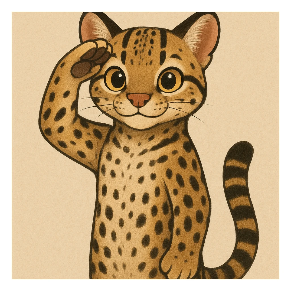 an ocelot standing upright, giving a salute, friendly expression, simple background sticker