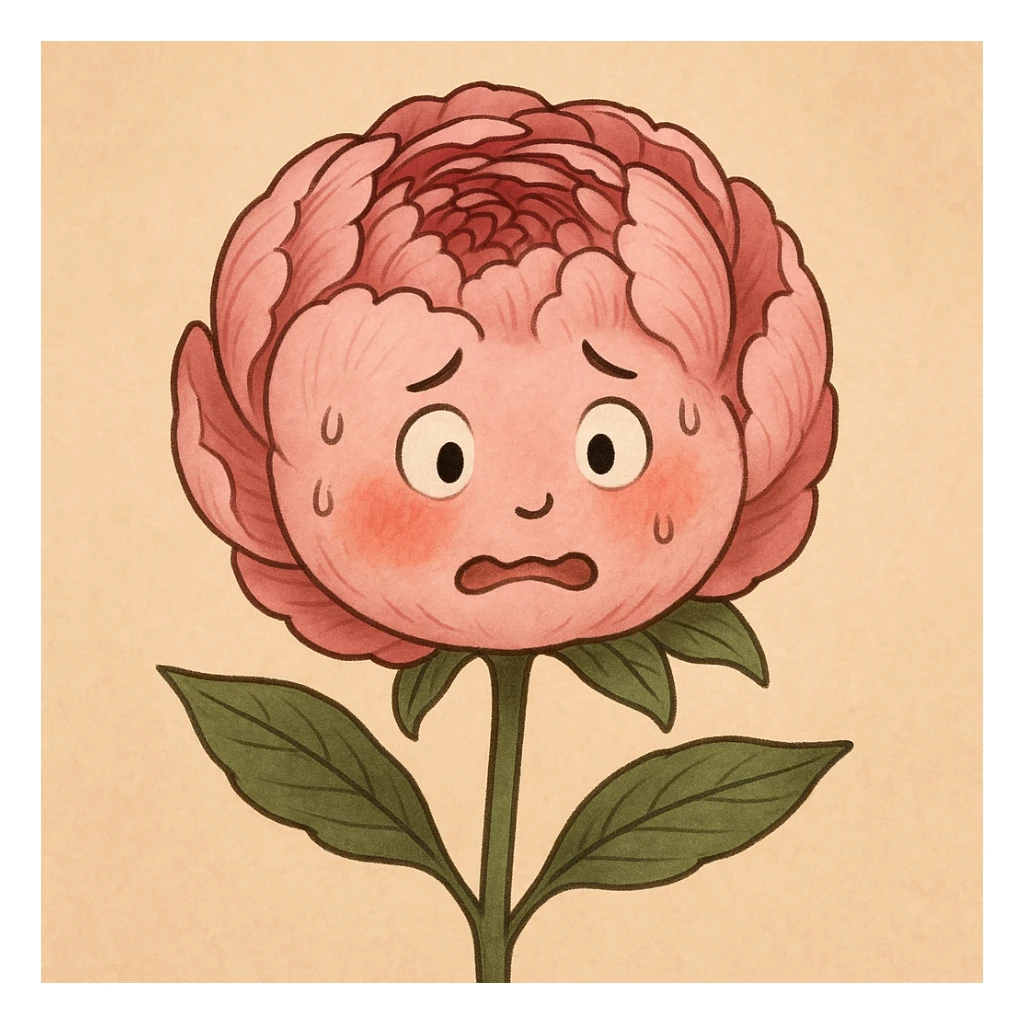 round pink peony flower, rosy cheeks, nervous expression sticker