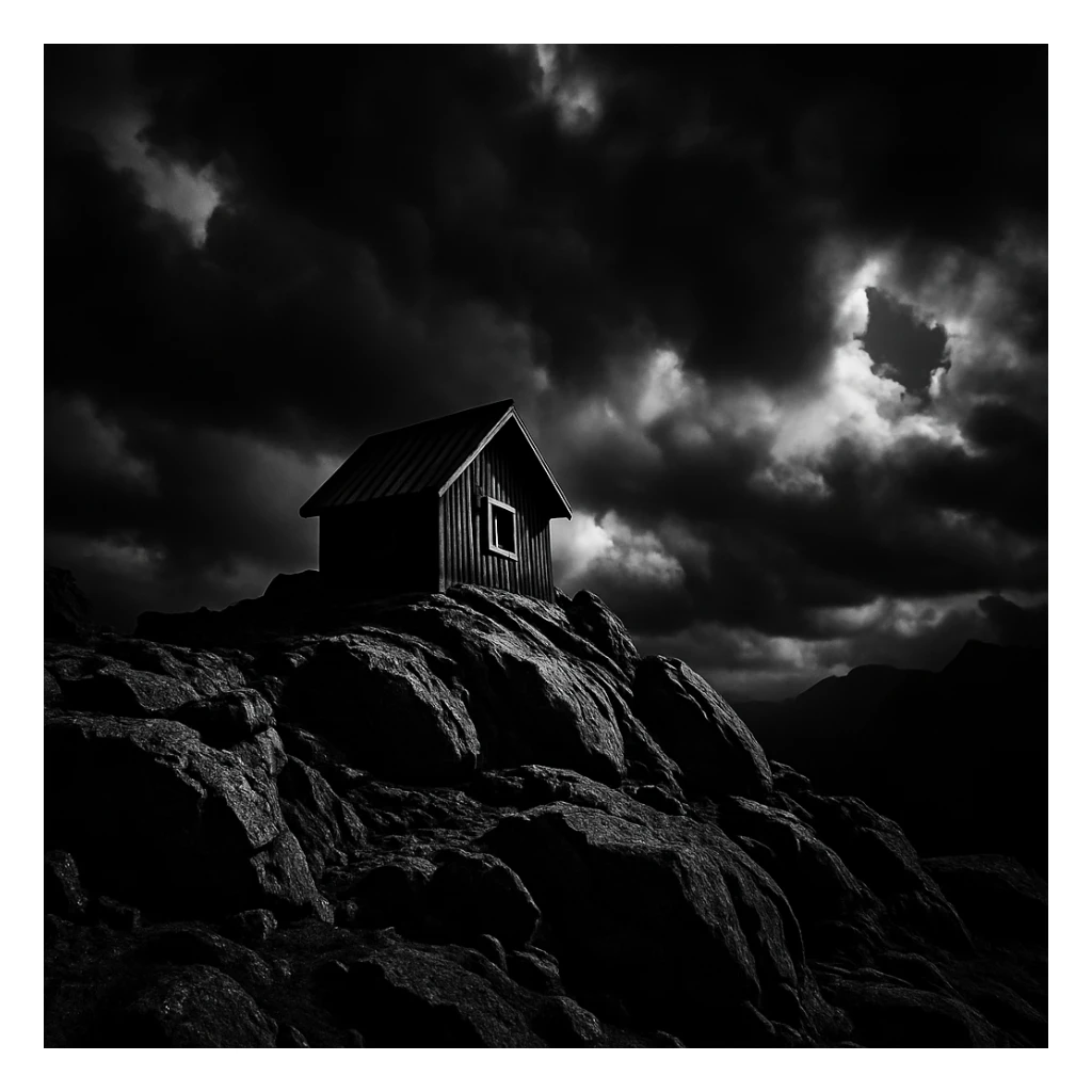 a tiny cabin on a rocky mountain summit, dramatic, bold contrast sticker
