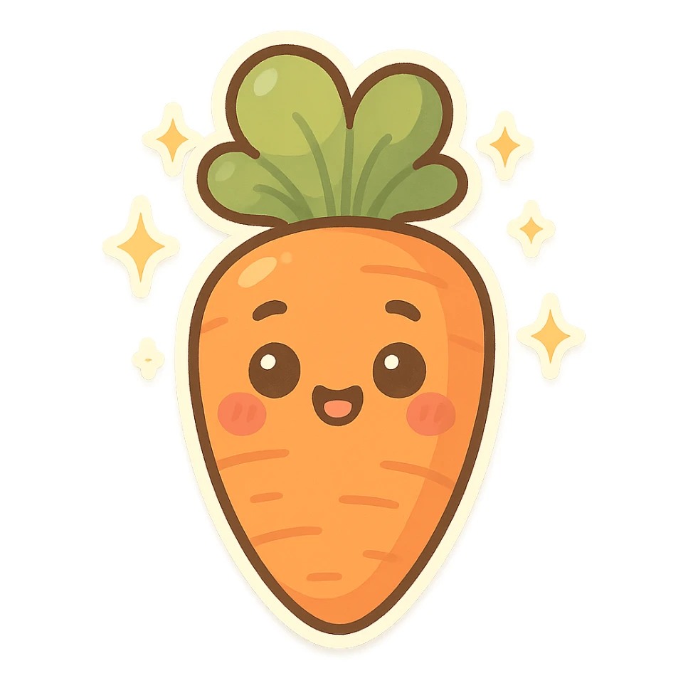 chibi sticker-style carrot with sparkles, cute and exaggerated sticker