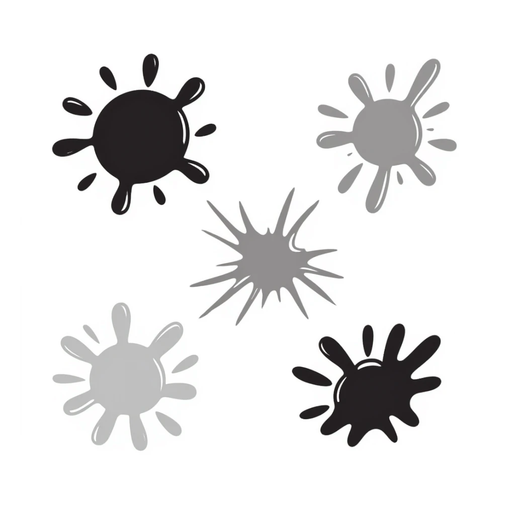 Colorful paint splatters, drips, and splashes in various shapes. Using specific pastel colors (dd9fb0, ffc6d3, a3bfc9, c4bee2, f1b091). Hand-drawn doodle style with playful, artistic splatter patterns. Transparent background. sticker