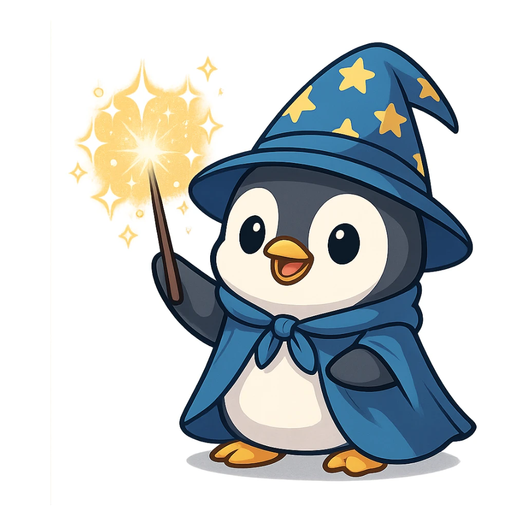 a cute penguin wizard casting a spell, sparkly effects, cartoon style sticker