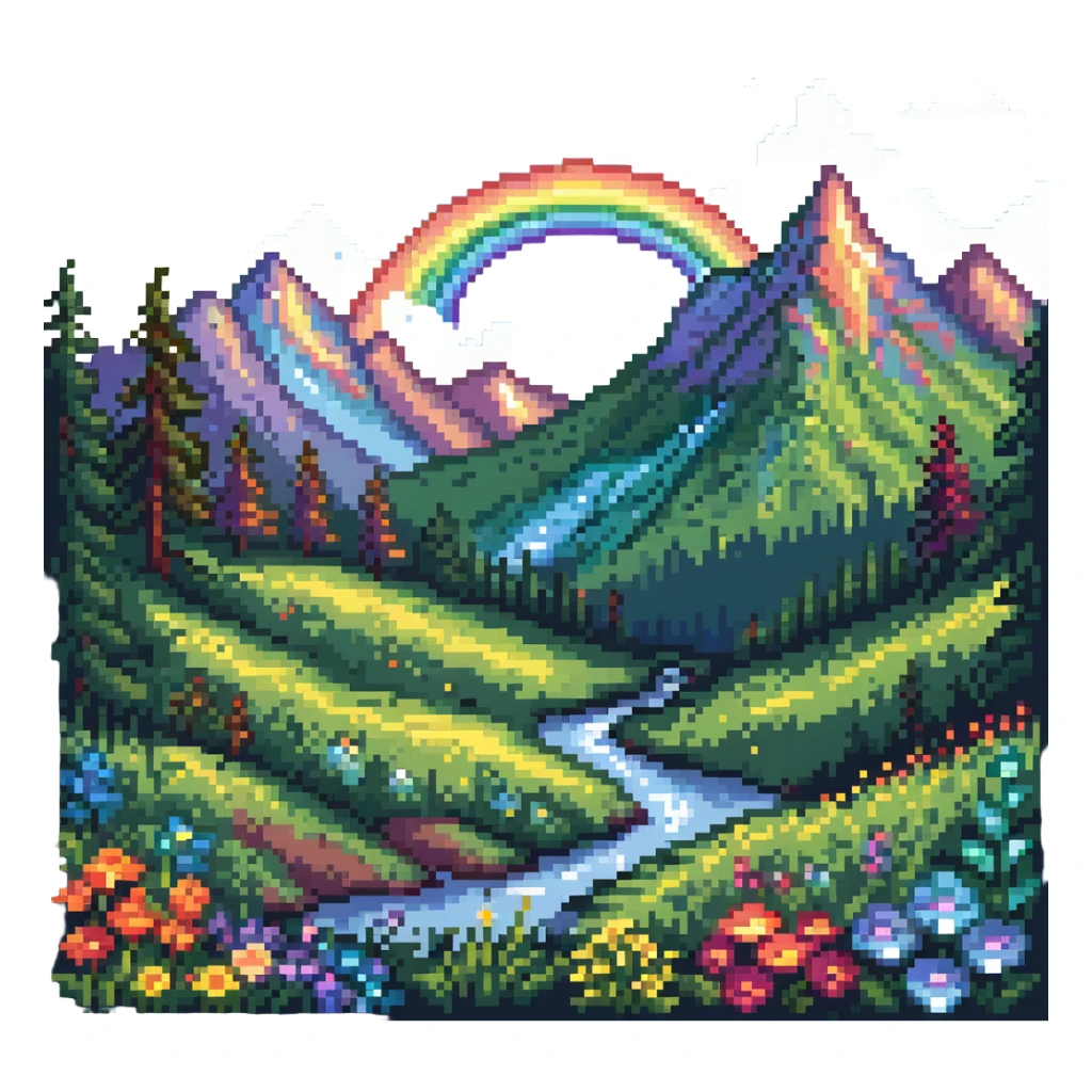 Enchanted meadow with rainbow and crystal mountains sticker