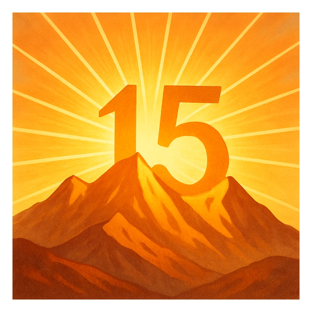 sunshine rising from mountains with the number 15 visually integrated sticker