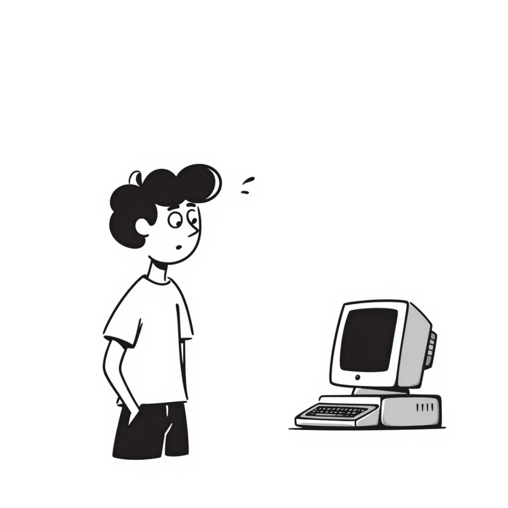 A young guy with a confused expression staring at a vintage desktop computer with bulky CRT monitor and old tower sticker