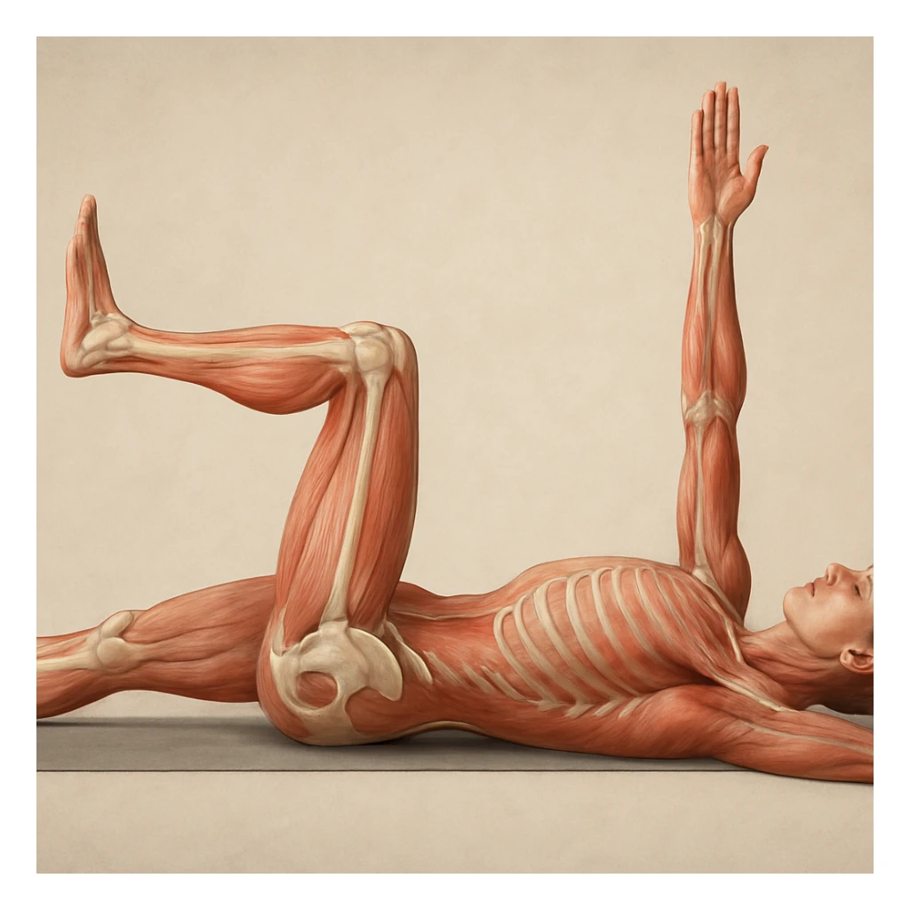 Anatomically hyperrealistic 4K side view of a man in dead bug position with the arm on the ground fully extended above the head, straight, showing pelvis and spine bones, translucent muscles and skin, medical atmosphere, realistic anatomical details. Variant 9, slightly change the position of the head and legs. sticker