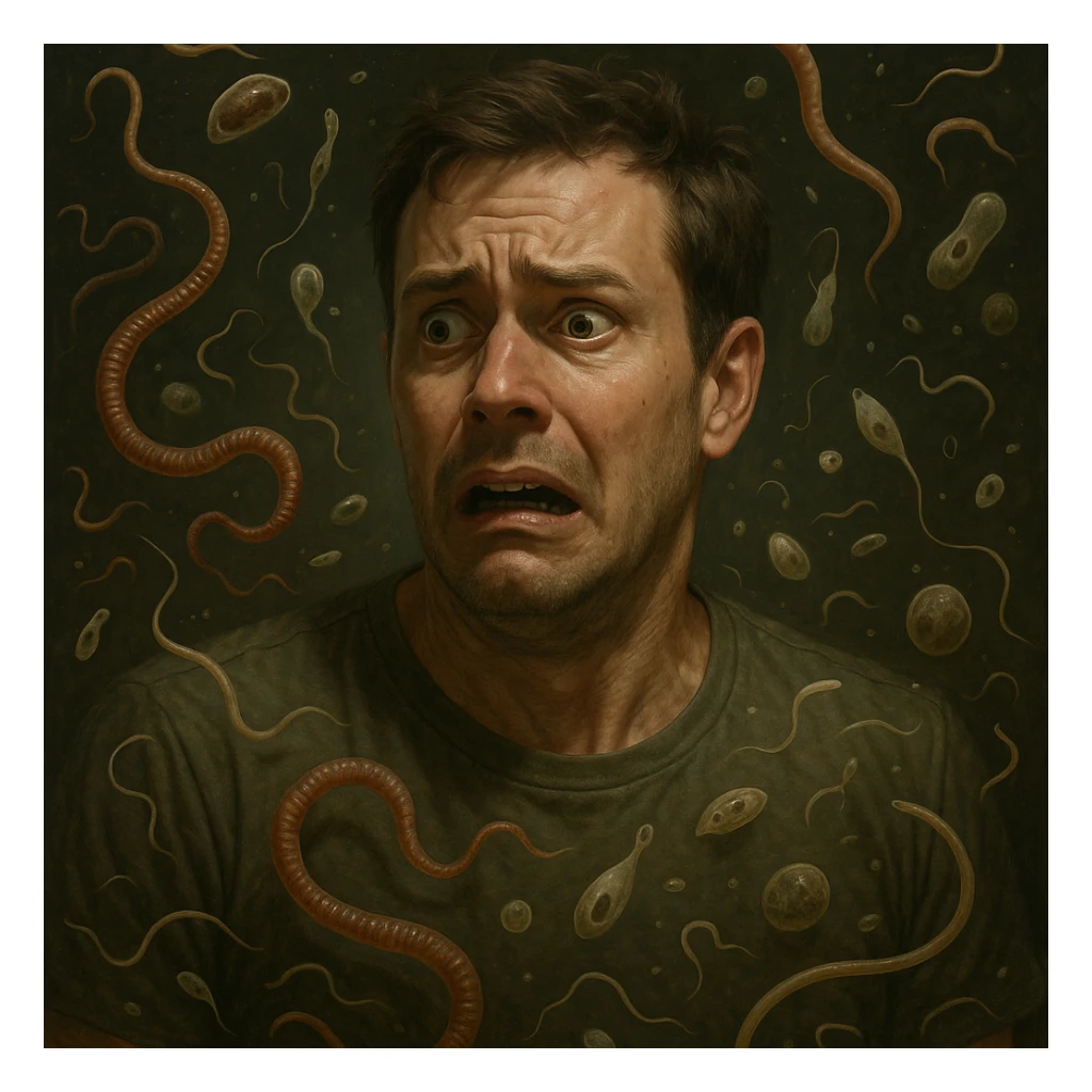 Create a realistic man with a scared expression, surrounded by intestinal parasites such as worms, protozoa, and microscopic forms floating around him. The style should be realistic with an impactful atmosphere. sticker