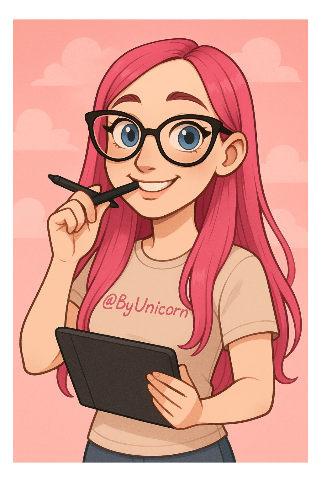 девушка с референса в рисованном милом стиле, у девушки розовые длинные прямые волосы, большие выразительные голубые глаза, черные очки для зрения формы кошачий глаз, нос чуть с горбинкой, девушка улыбается а в зубах прикусывает перо от графического планшета, которое она держит в руке, а в другой руке держит сам планшет 
одета девушка в светло-бежевую облегающую футболку с вышивкой розовым цветом @ByUnicorn, фон градиентный розовый, можно добавить пушистые облака sticker