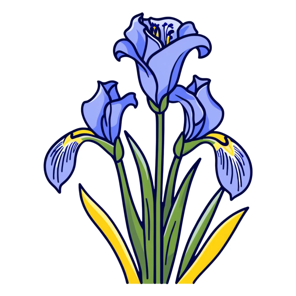 Elegant blue iris flower showing characteristic iris form with three drooping falls and three upright standards, with decorative long leaves sticker