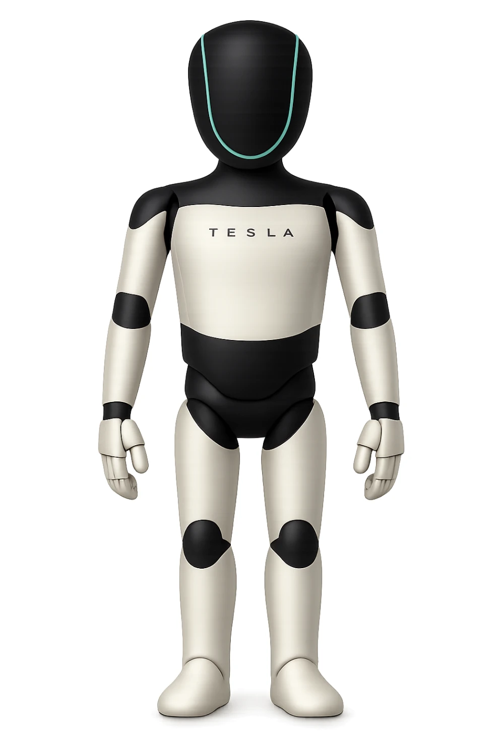 Create a fullbody Tesla robot emoji with the exact head from the reference image. The robot should have arms down pose, neutral expression, and be in the apple emoji style. The style should be respected as closely as possible in the edit. sticker