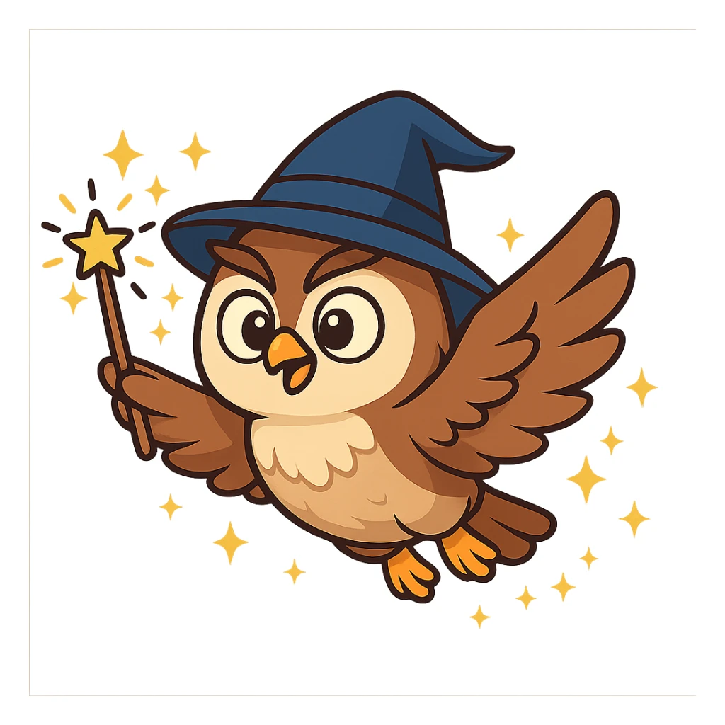 cartoon owl wizard flying with a magic wand, sparkles around sticker