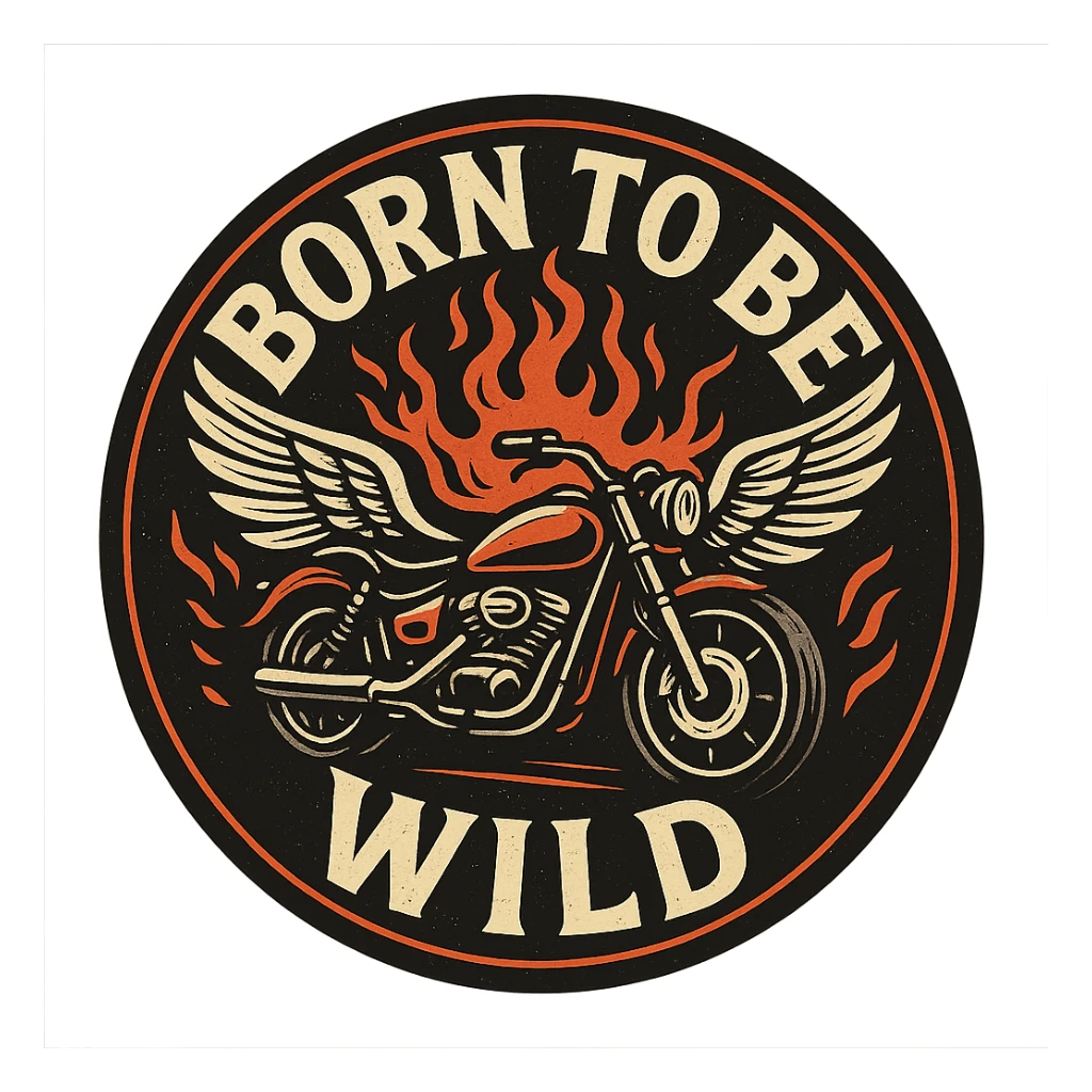 circular motorcycle cap design with transparent background, text 'Born to be wild', motif: motorcycle, flame, wing, unique style sticker