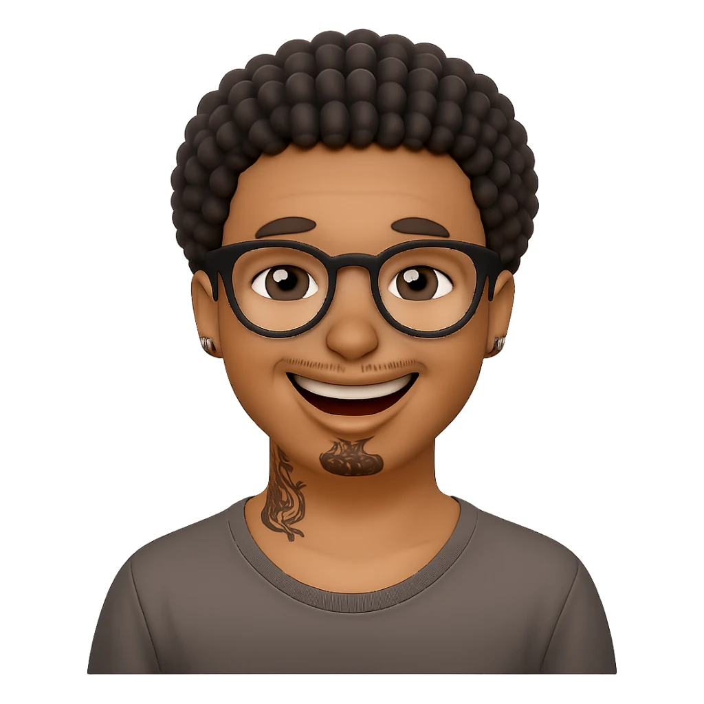 Make this character smile, keeping the same style, glasses, and tattoos. The background should be transparent. Maintain the original artistic style and details as much as possible. sticker