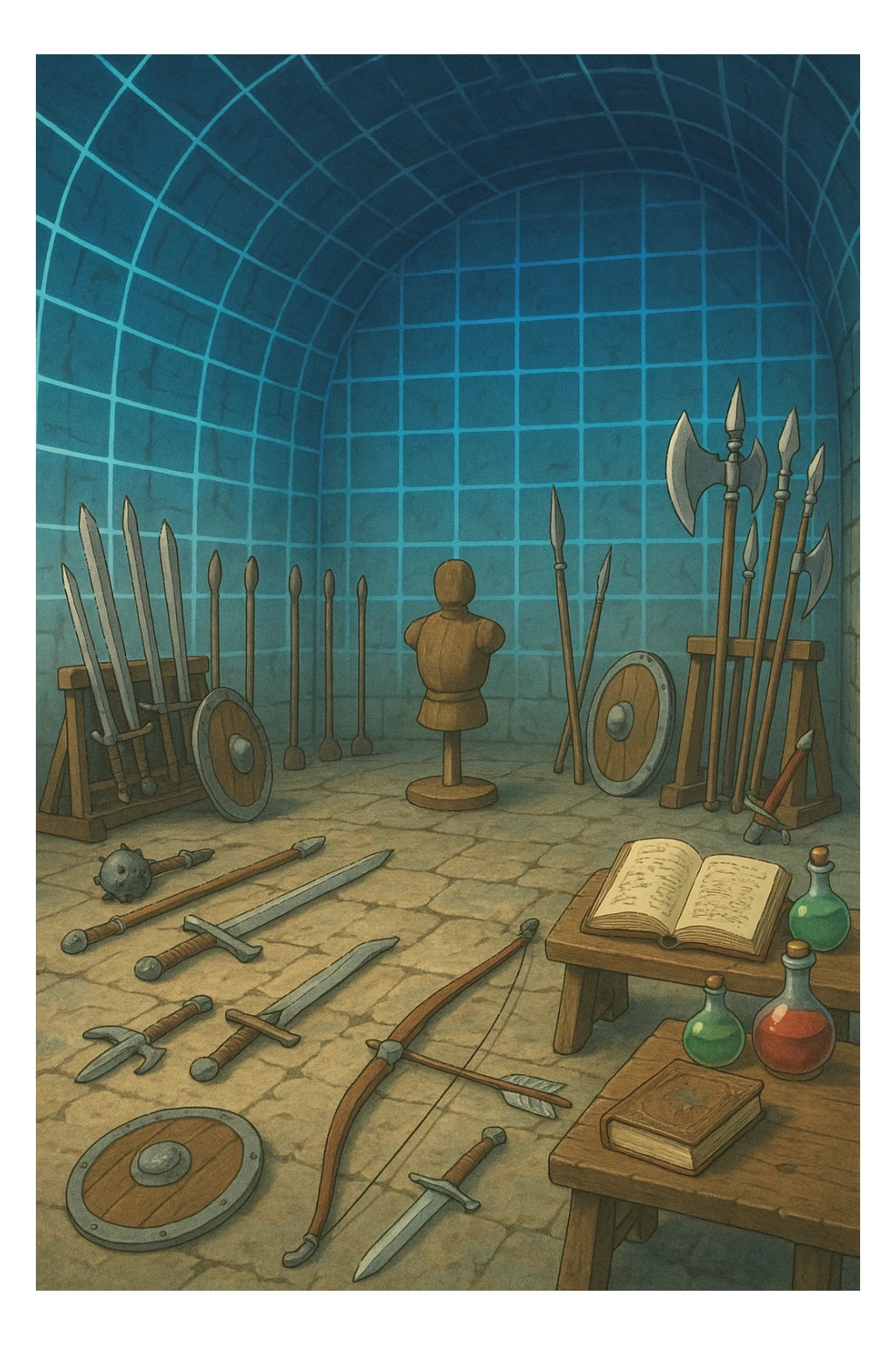 A virtual simulated training environment for combat drills, configured with swords, daggers, axes, maces, halberds, bow and arrows, and shields, as well as spell books and potions  sticker