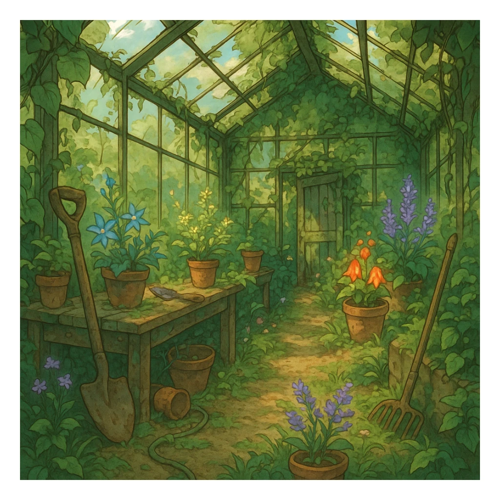 Overgrown greenhouse with forgotten tools and blooming magic herbs. sticker