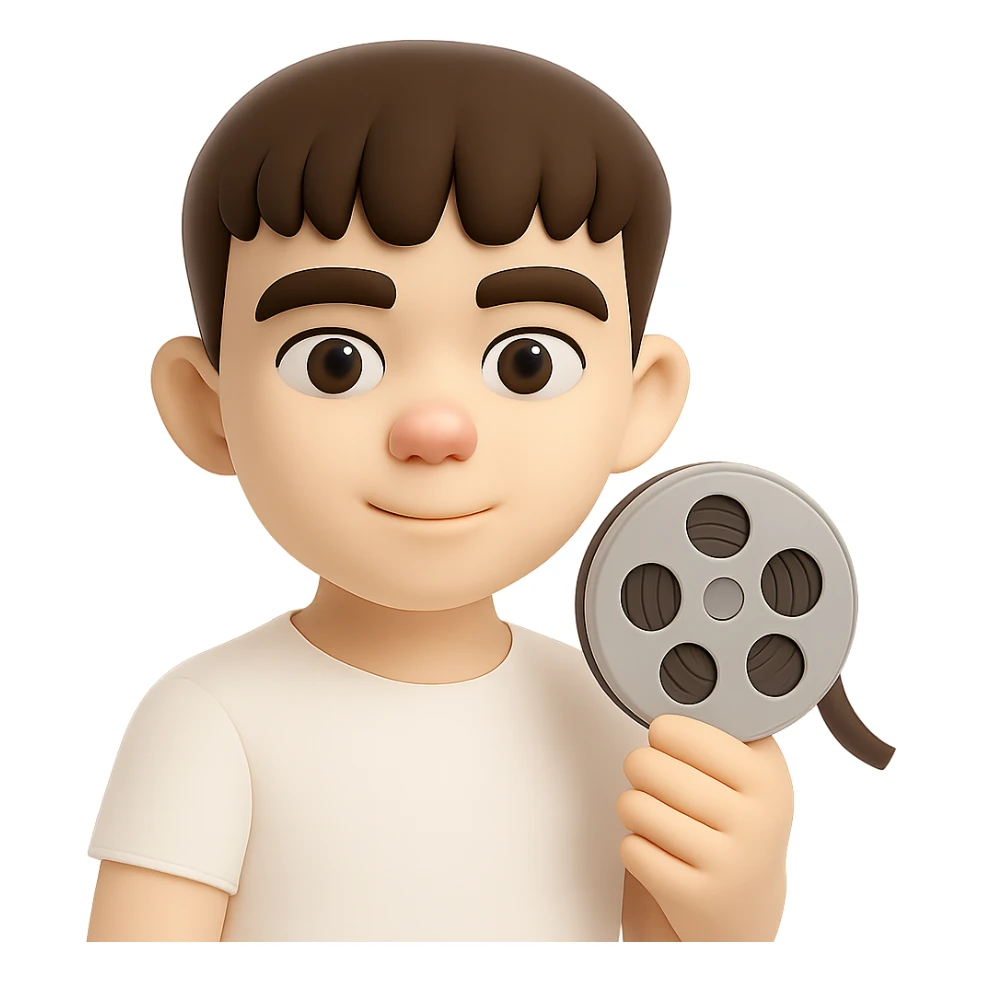 Make the character's skin tone lighter while keeping the same 3D cartoon style. Keep the film reel and white shirt as they are. Preserve the transparent background. sticker