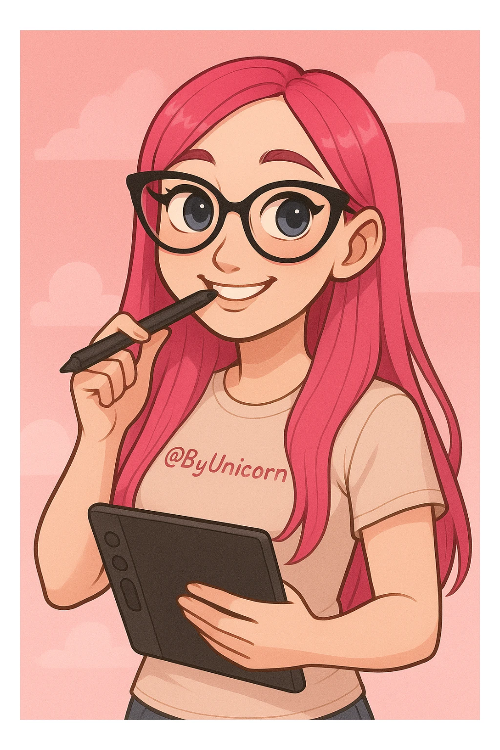 девушка с референса в рисованном милом стиле, у девушки розовые длинные прямые волосы, большие выразительные голубые глаза, черные очки для зрения формы кошачий глаз, нос чуть с горбинкой, девушка улыбается а в зубах прикусывает перо от графического планшета, которое она держит в руке, а в другой руке держит сам планшет 
одета девушка в светло-бежевую облегающую футболку с вышивкой розовым цветом @ByUnicorn, фон градиентный розовый, можно добавить пушистые облака sticker