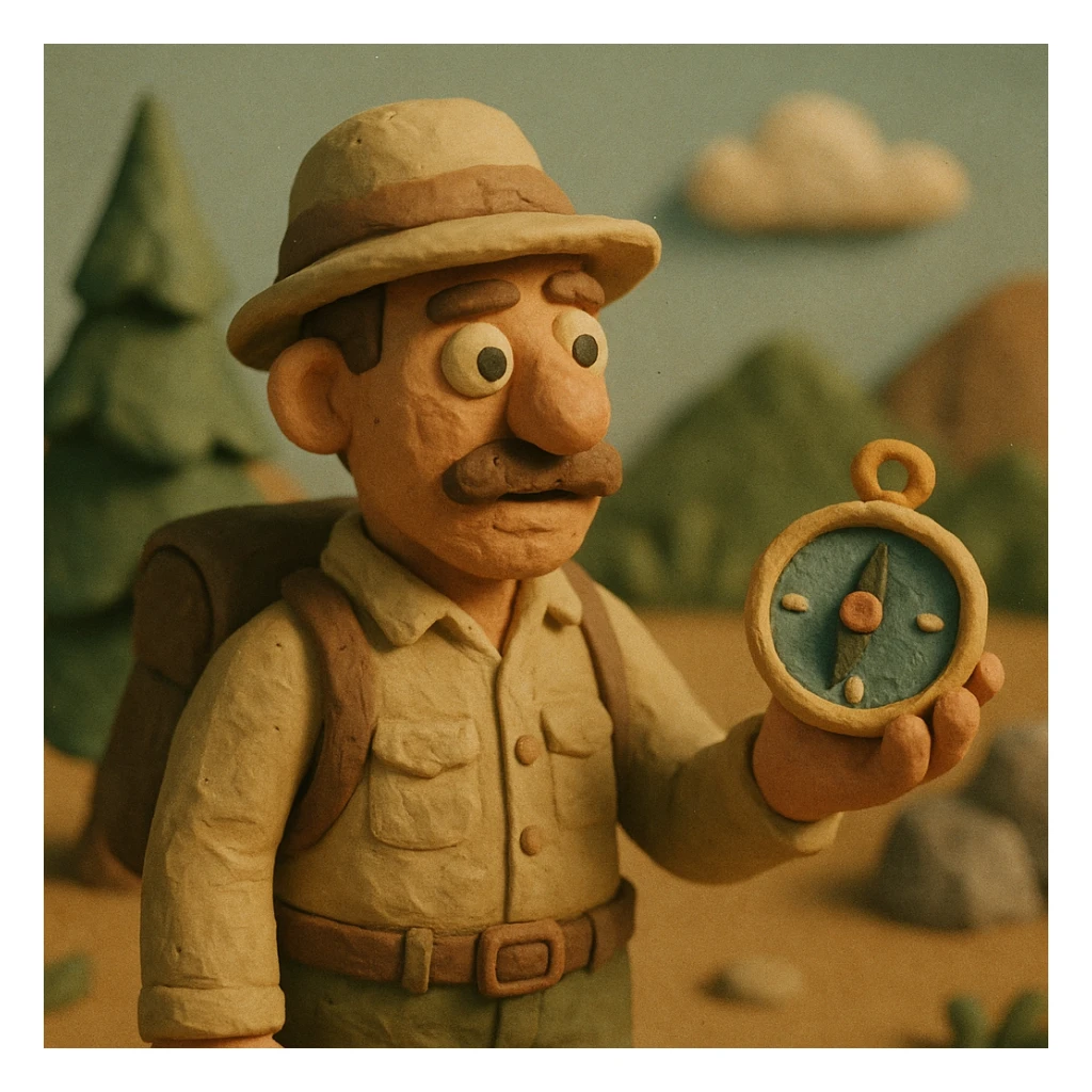 claymation explorer with a compass, pastel colors sticker