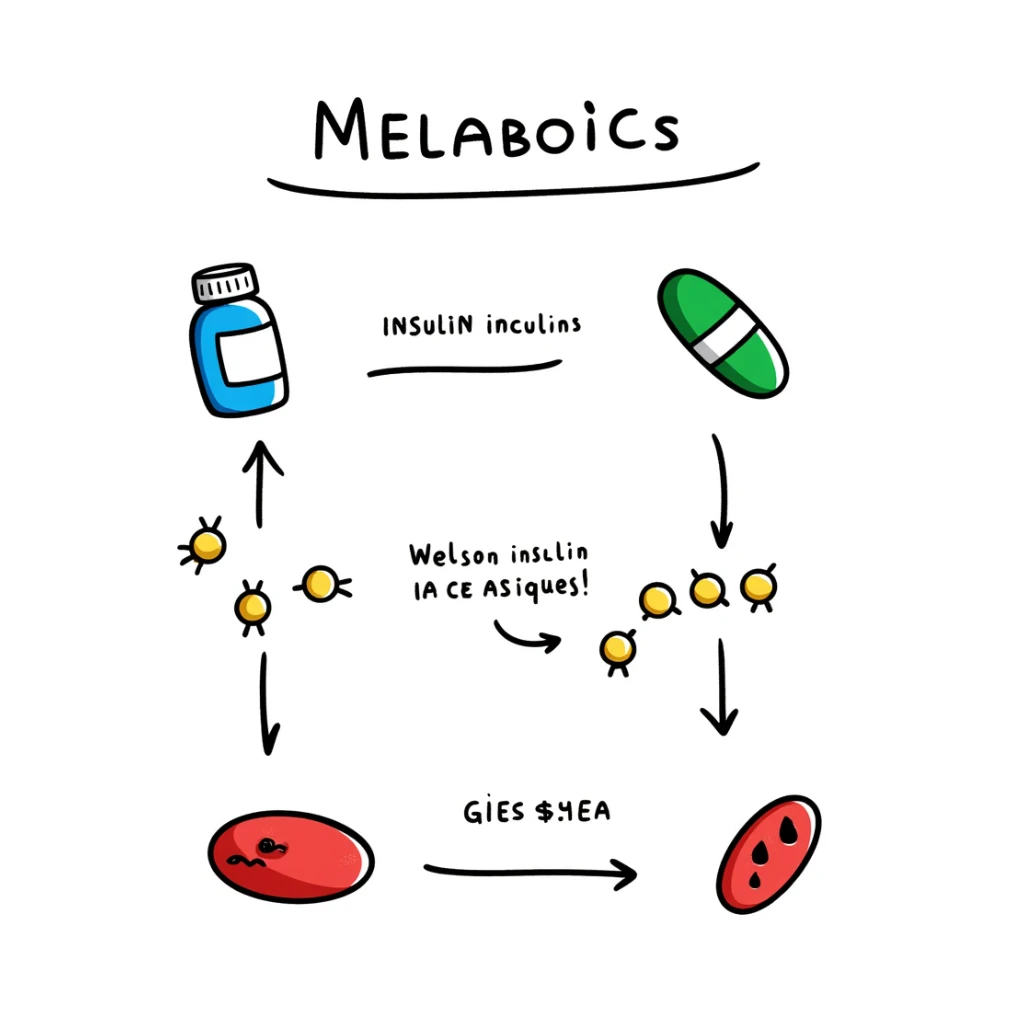 Anti-diabetic visualization with metabolic pathway: colorful flowchart showing blue insulin, green medication pills, yellow glucose molecules, and red blood cells. Hand-drawn educational diagram with arrows showing glucose regulation and insulin sensitivity improvement. sticker