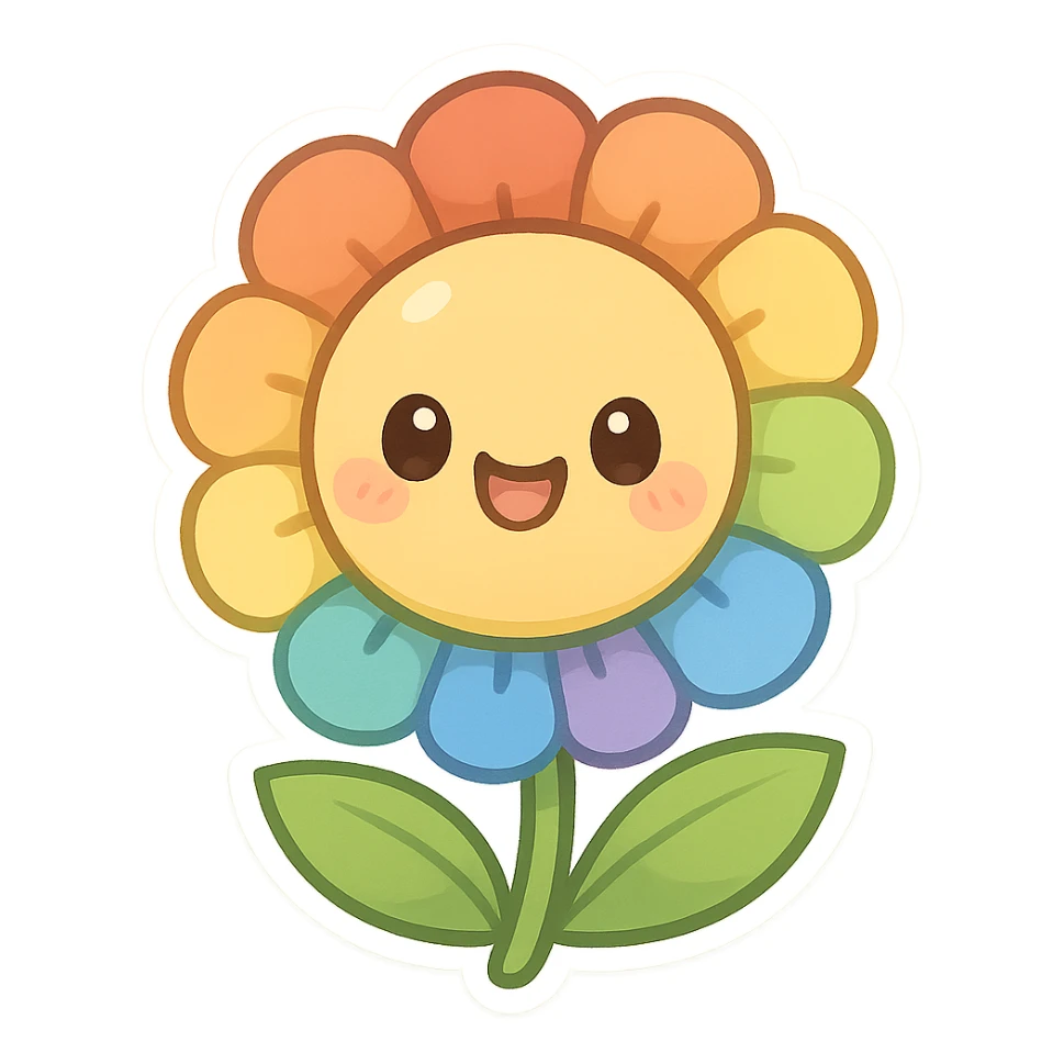 chibi sticker-style rainbow flower, cute and exaggerated sticker